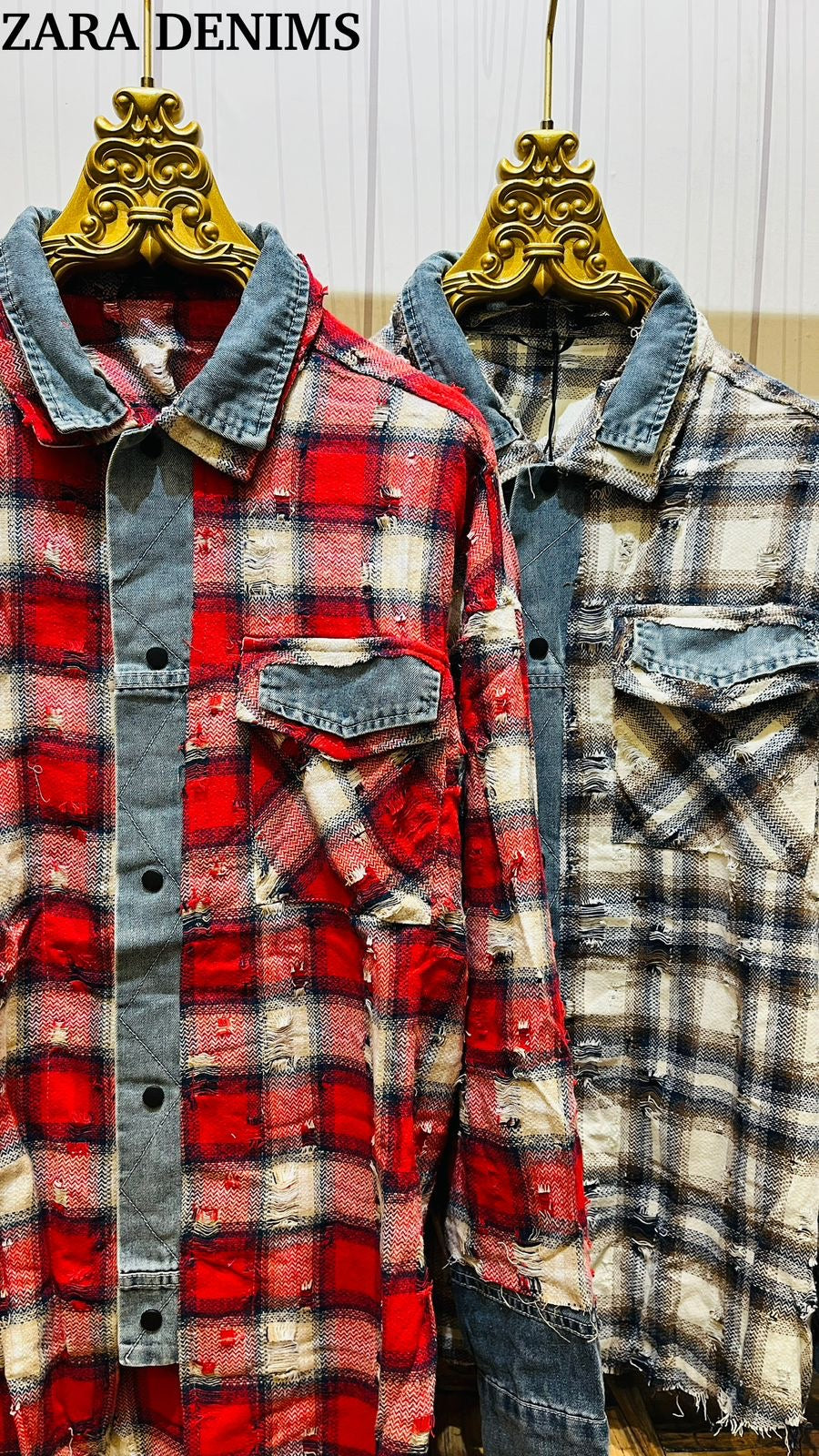 Aestheticism Red Denim Check Print Shirt Premium Quality 27036