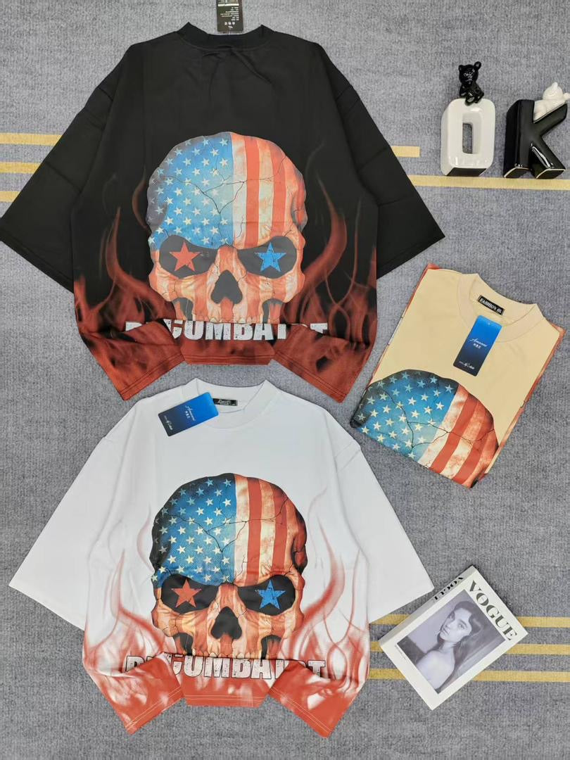 KIVENSL White Colour Skeleton Flag Blue Red Print Imported Oversized Unisex T Shirt 990872