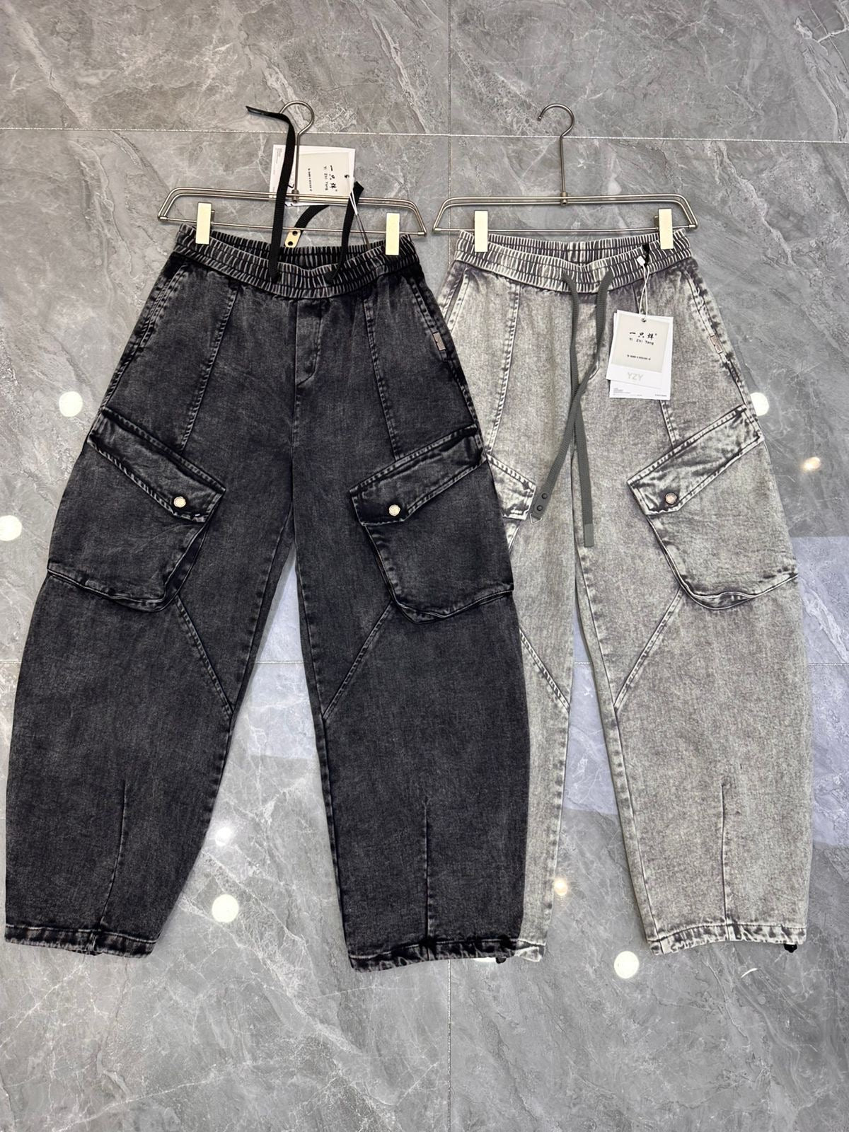 YZY Korean Style Faded Light Grey Baggy Fit Denim Cargo Pants Y1080