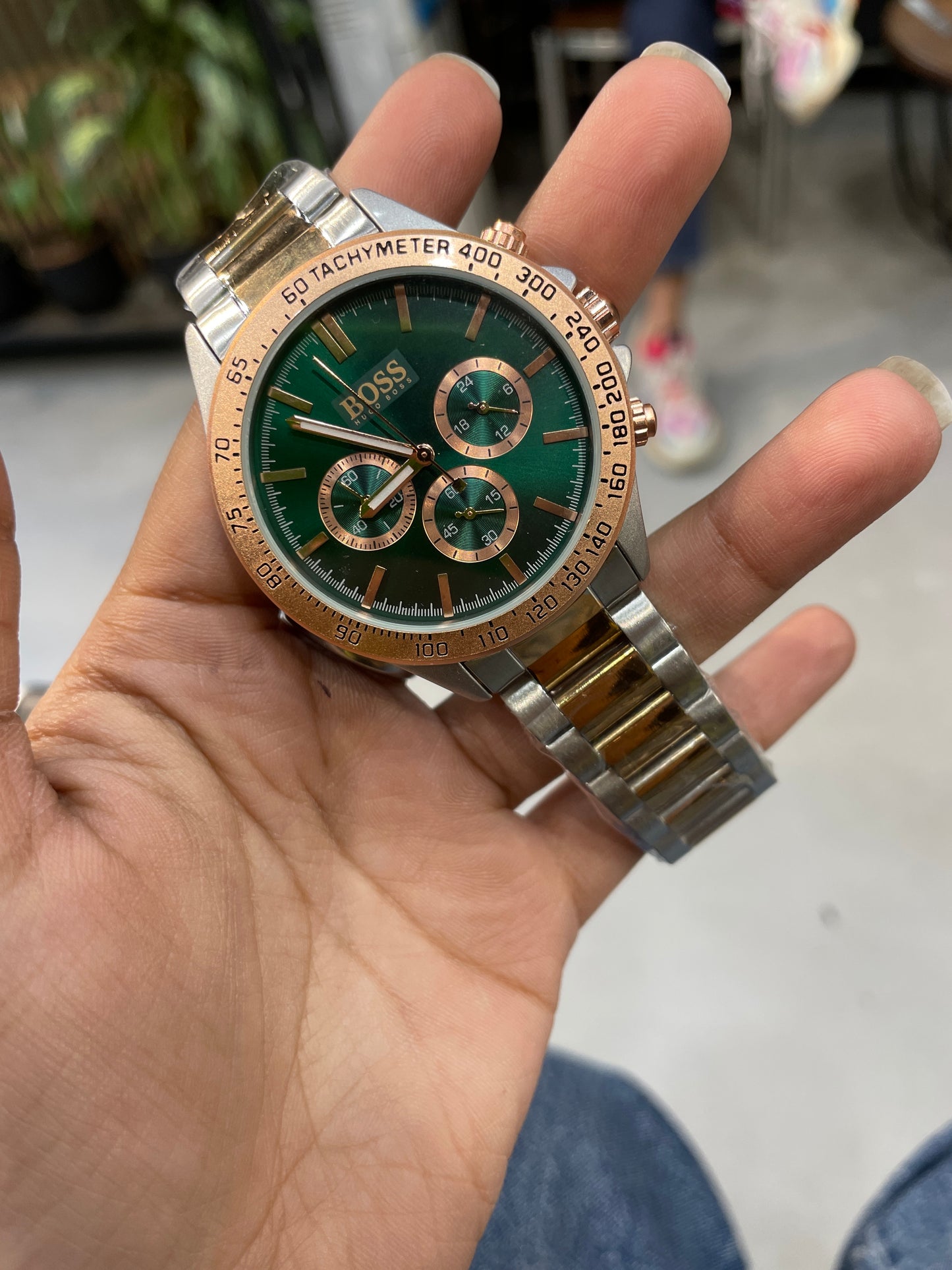 SOB BOS Green Dial Silver Copper Chain All Chrono Working Men’s Watch 990644