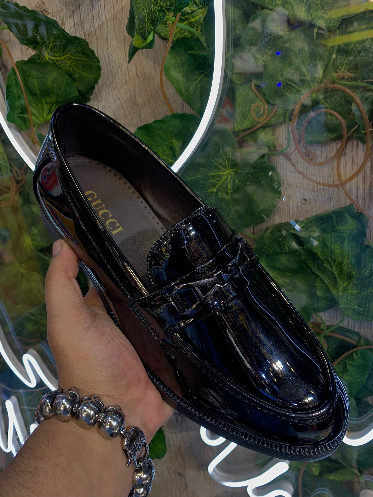 GUC CUG Black Colour Party Wear Glossy pattern Loafer Shoes 987058