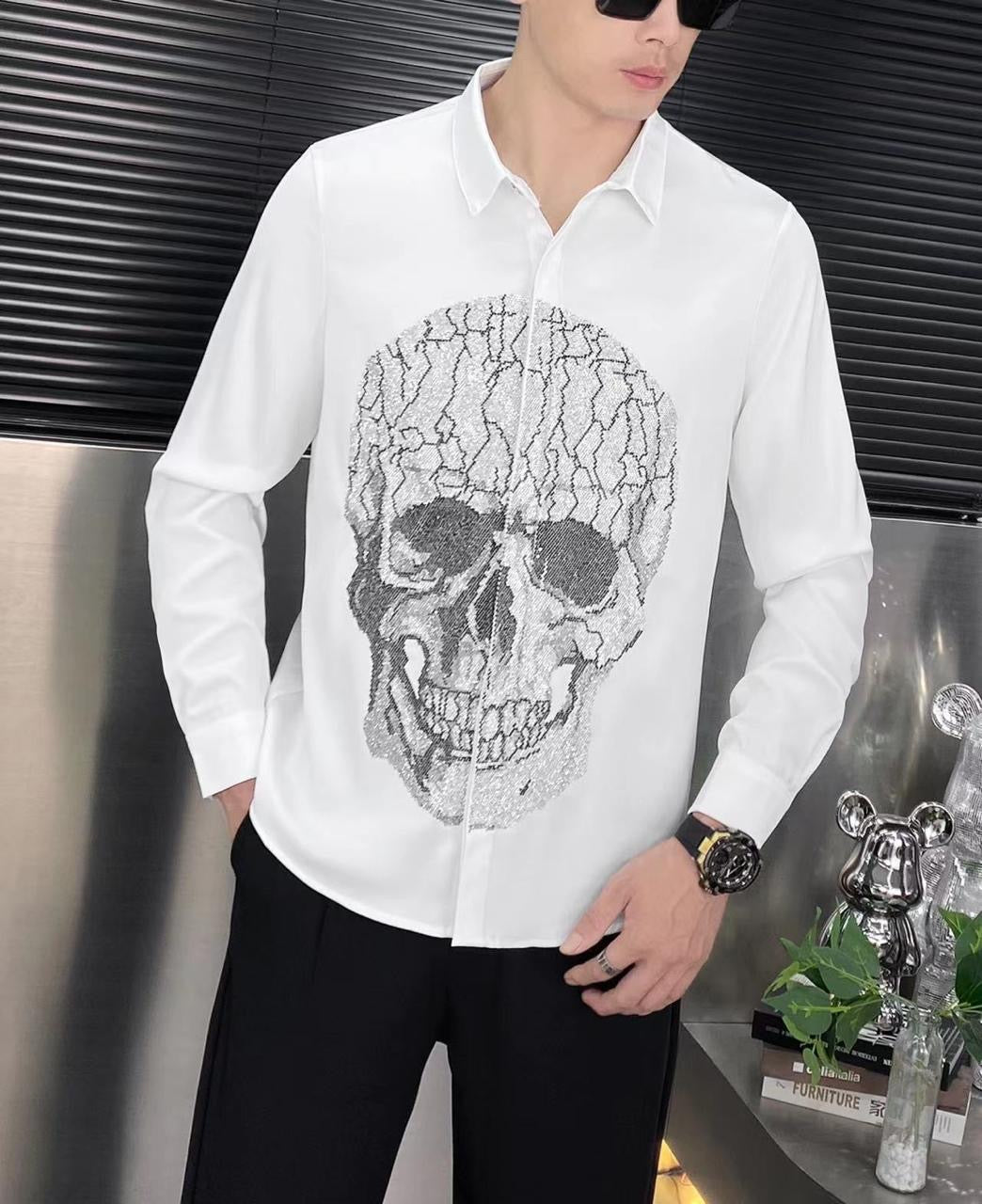 Hot Trouser White Colour With Stone Design Party Wear Full Sleeve Shirt 46041