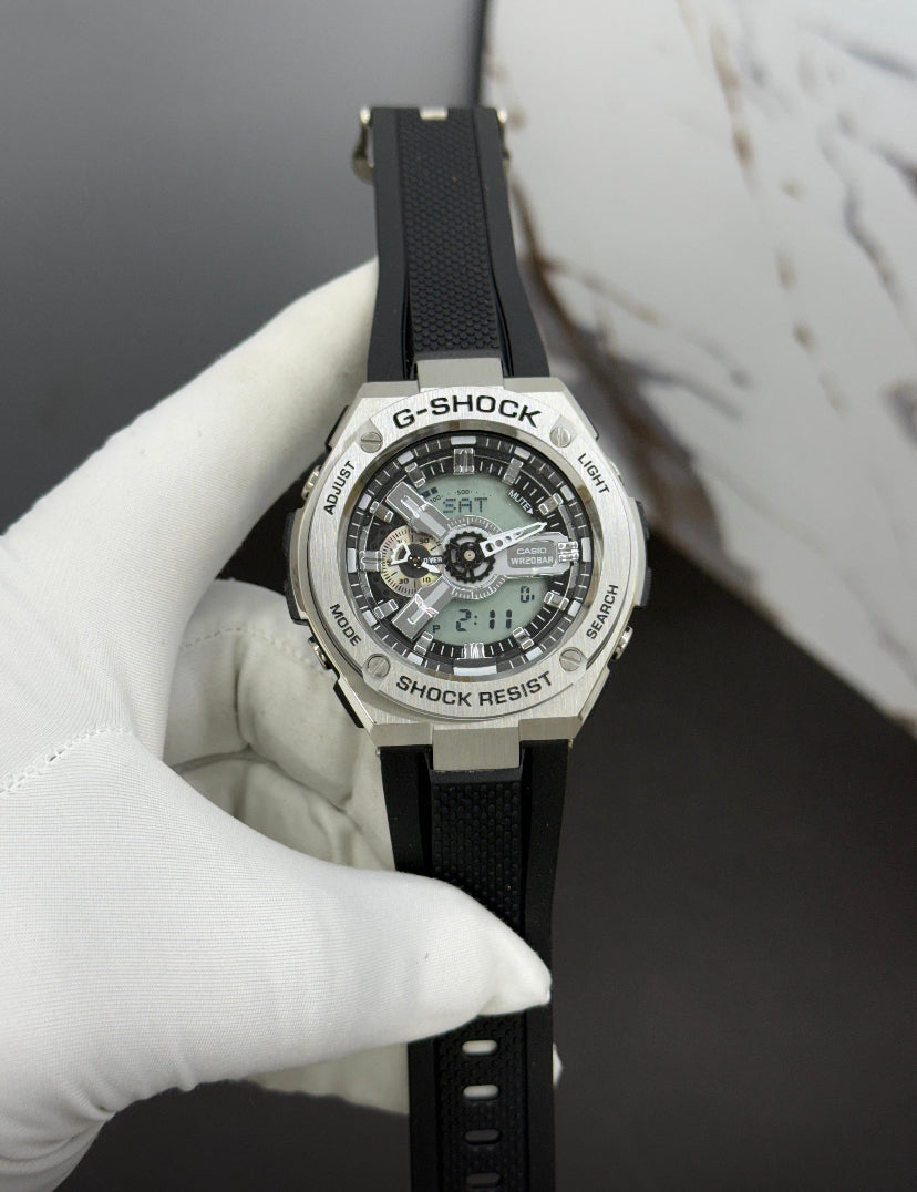 Hsg Black Silicone Strap Silver Metal Dial Water resistant Sports Men Watch 989500