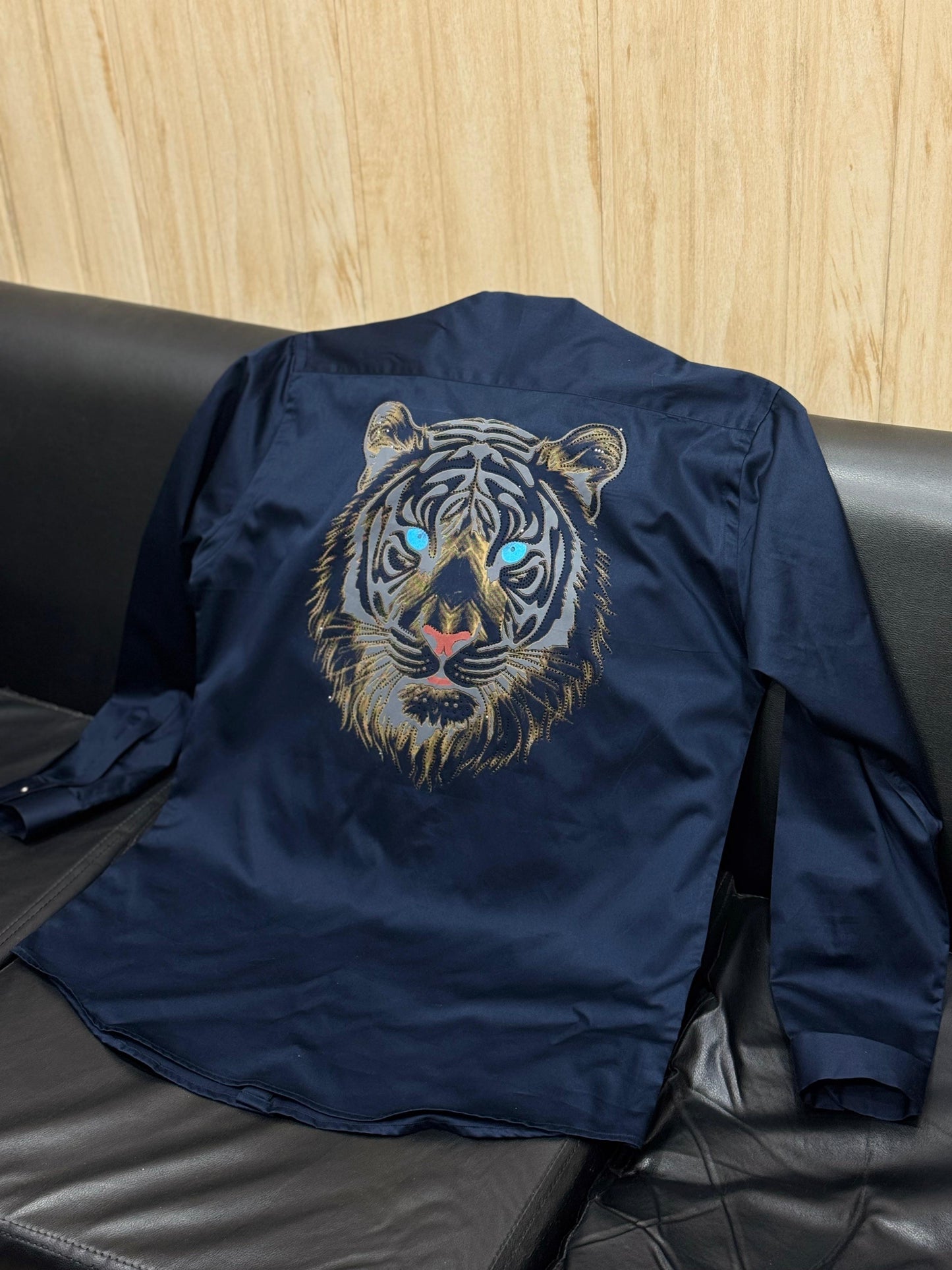 AQUARIUS Navy Blue Colour Tiger Black Gold Stud Design Premium Quality Full sleeve Shirt 2507
