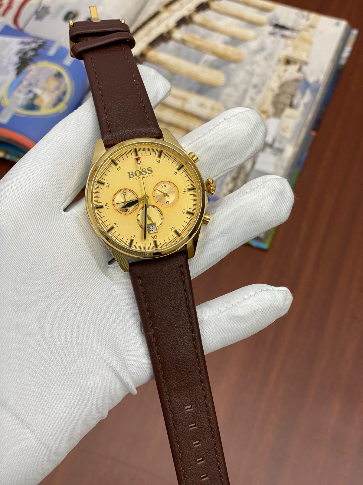 SOB BOS Brown Leather Strap Gold Dial Men’s Watch 988323