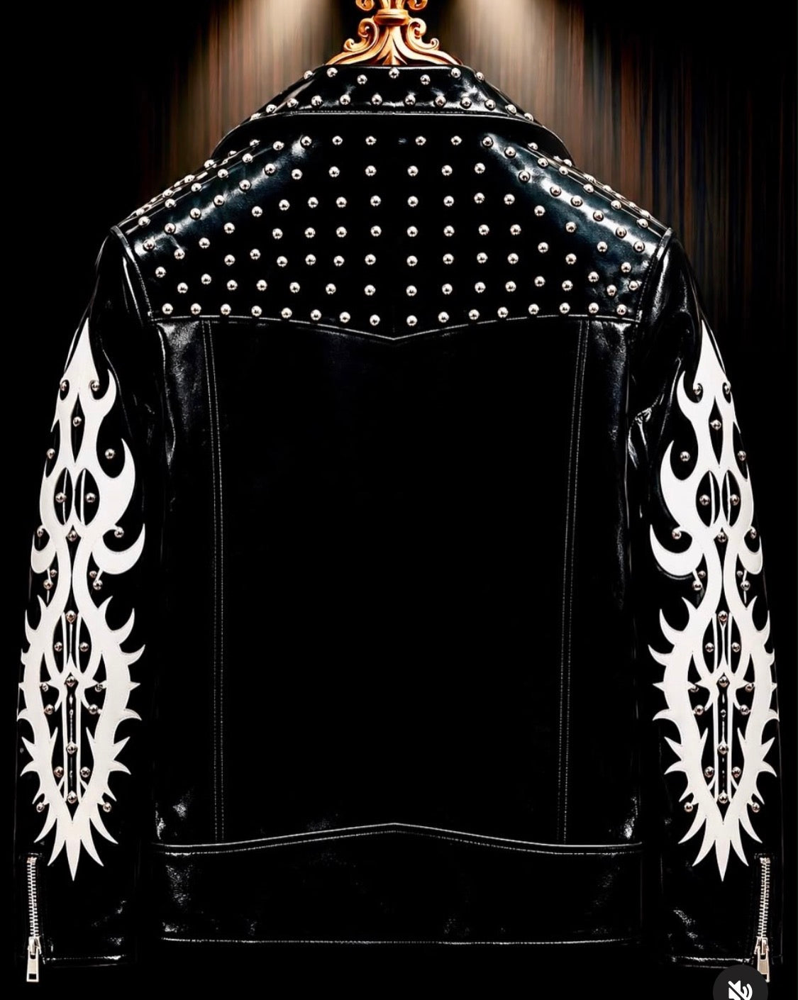 Hot Trousers Glossy Black Colour Stud White Embroidery Print Multy Zip Italian Leather Imported Jacket 8606-8-A