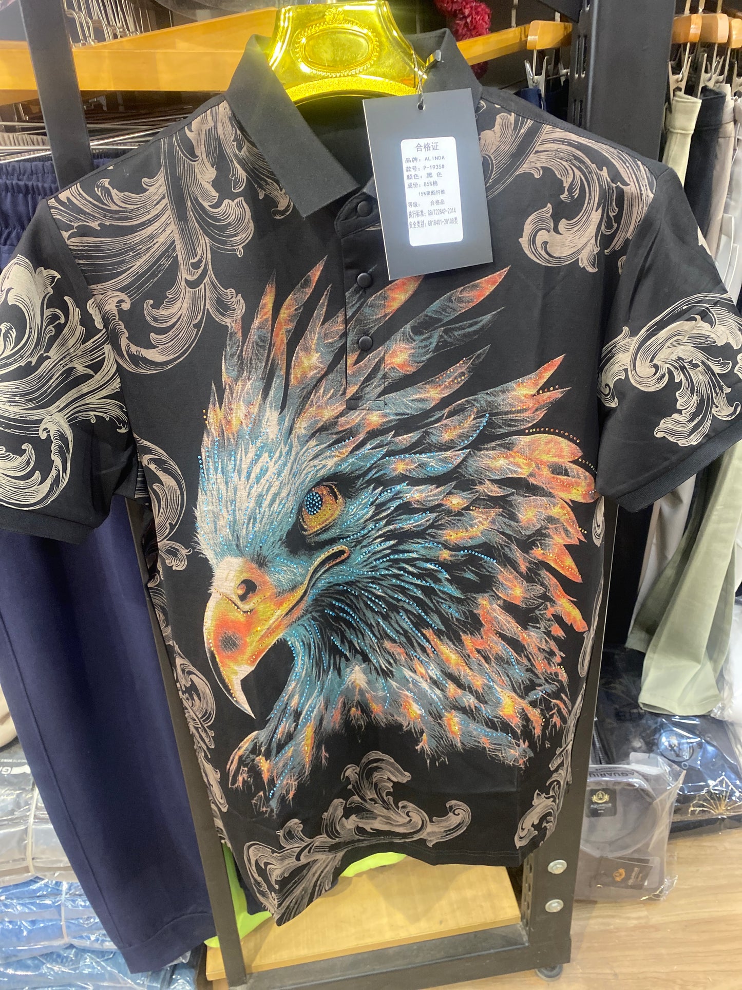 Import Tshirt Black Colour Polo Neck Eagle Stone Work P-1935