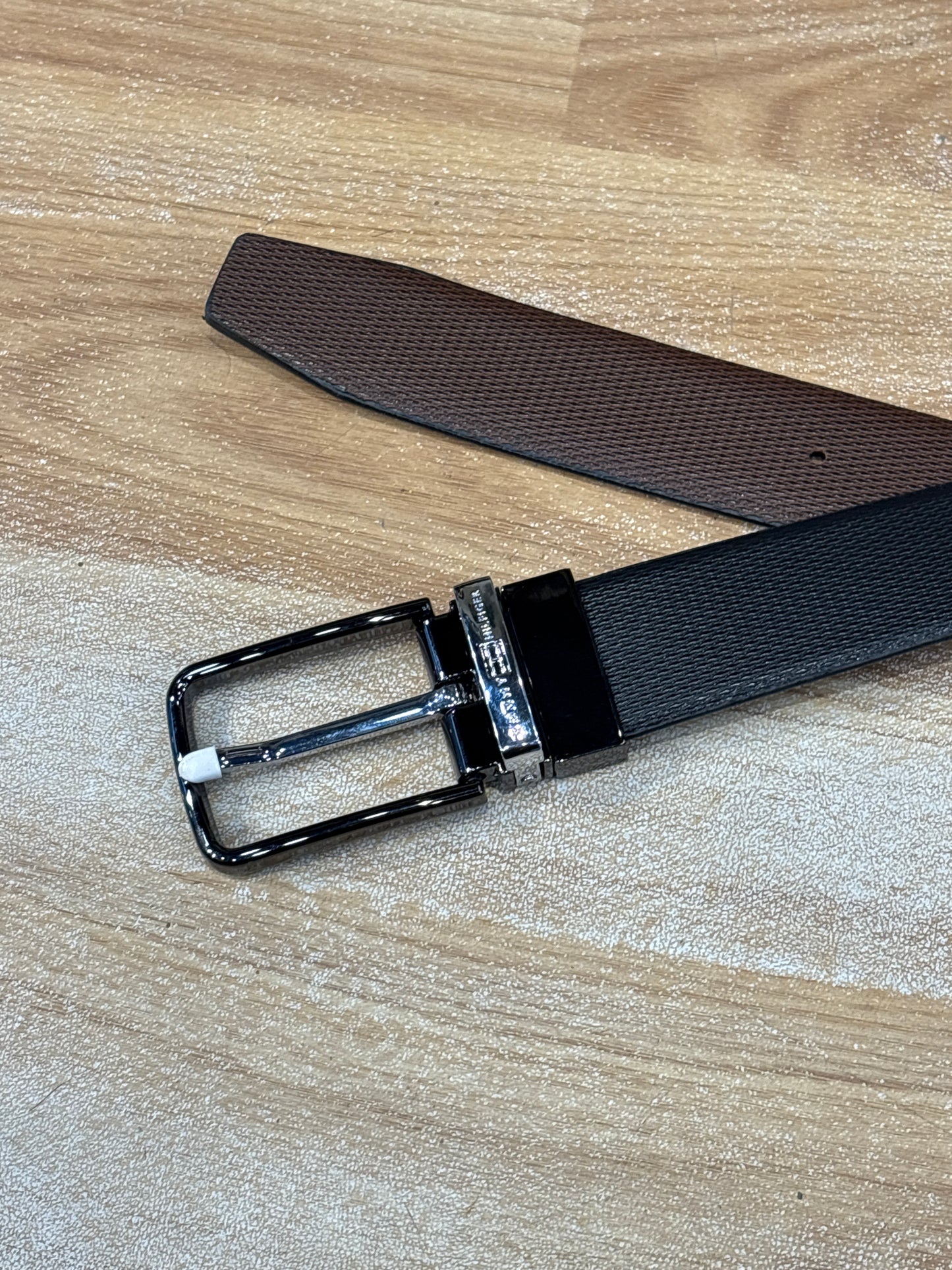 Tom Mot Glossy Black Silver Buckle With Black Brown Double Side Strap Men’s Belt 989114