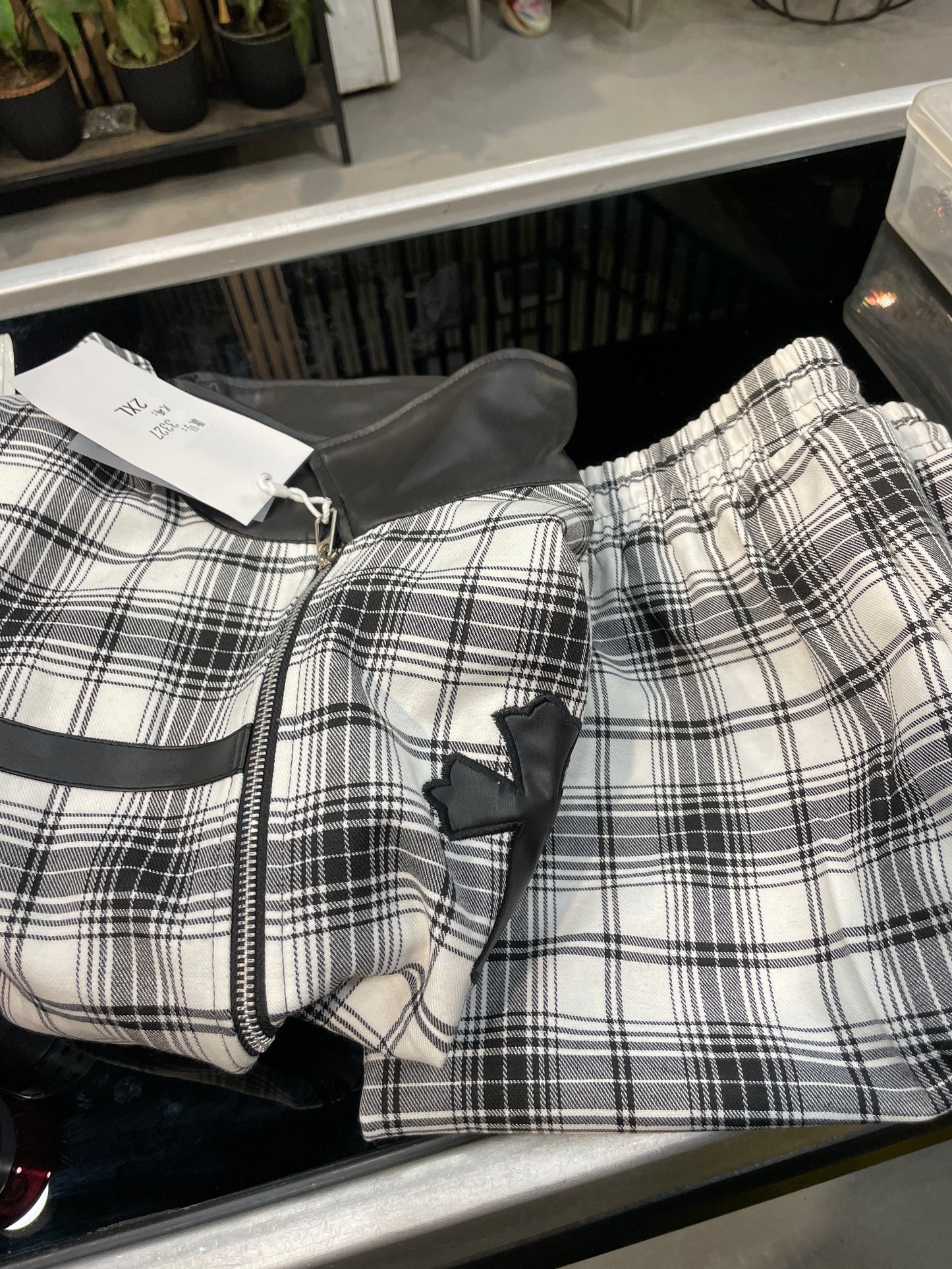 FASHION LINE Black white Check With Black Leather Collar Premium Quality Imported Unisex Coord Set
