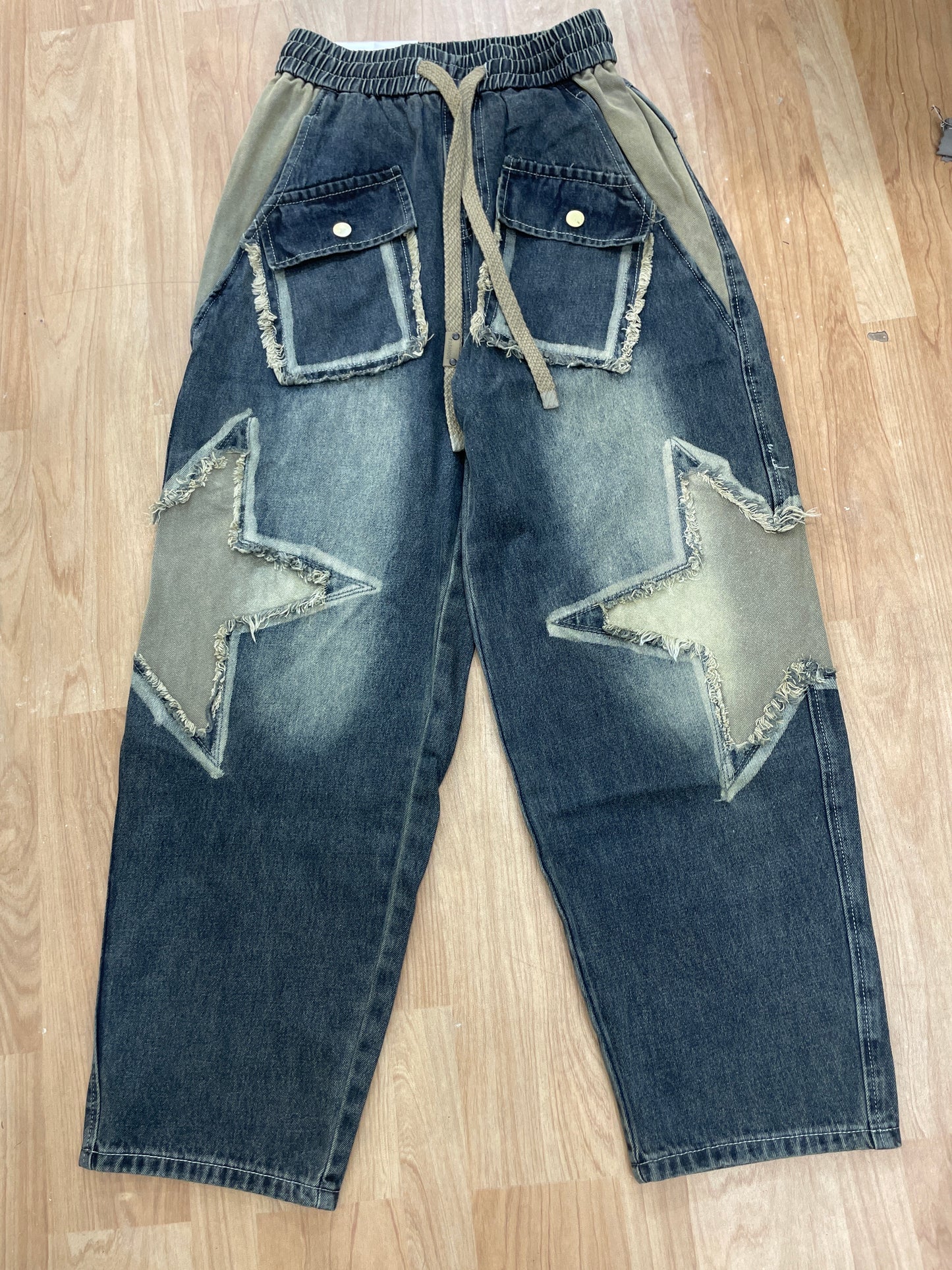 Liaoxun Faded Blue Colour Star Rugged Imported six Pocket Straight Baggy Fit Men’s Jogger Pant D2609