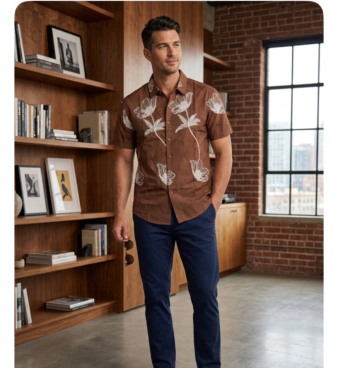 B.S.D Brown Colour Flower Embroidery Premium Quality Half Sleeve Shirts 2698