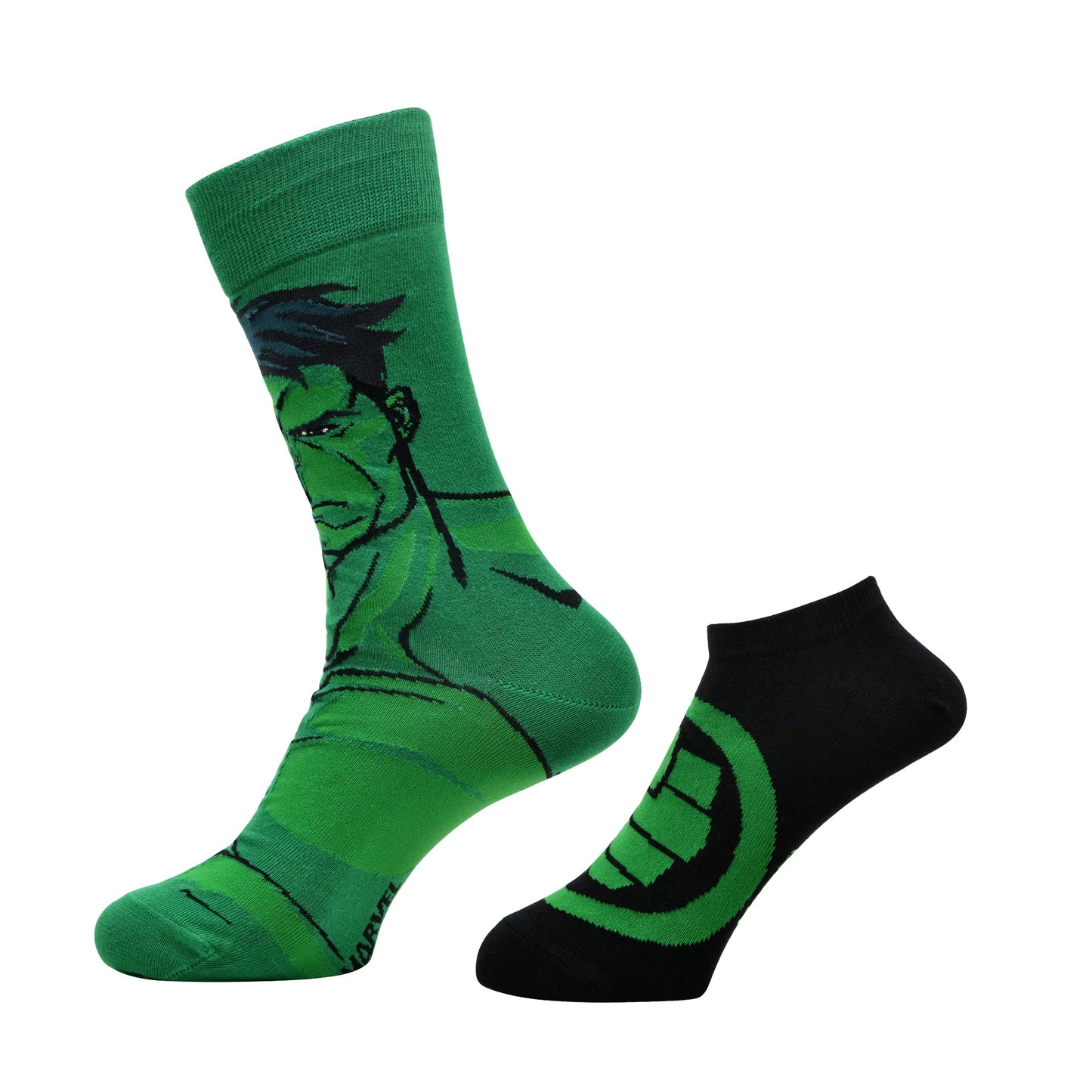BALENZIA X MARVEL CHARACTER CREW & ANKLE LENGTH SOCK FOR MEN- "THE INCREDIBLE HULK" GIFT PACK (PACK OF 2 PAIRS/1U)(FREE SIZE) GREEN & BLACK