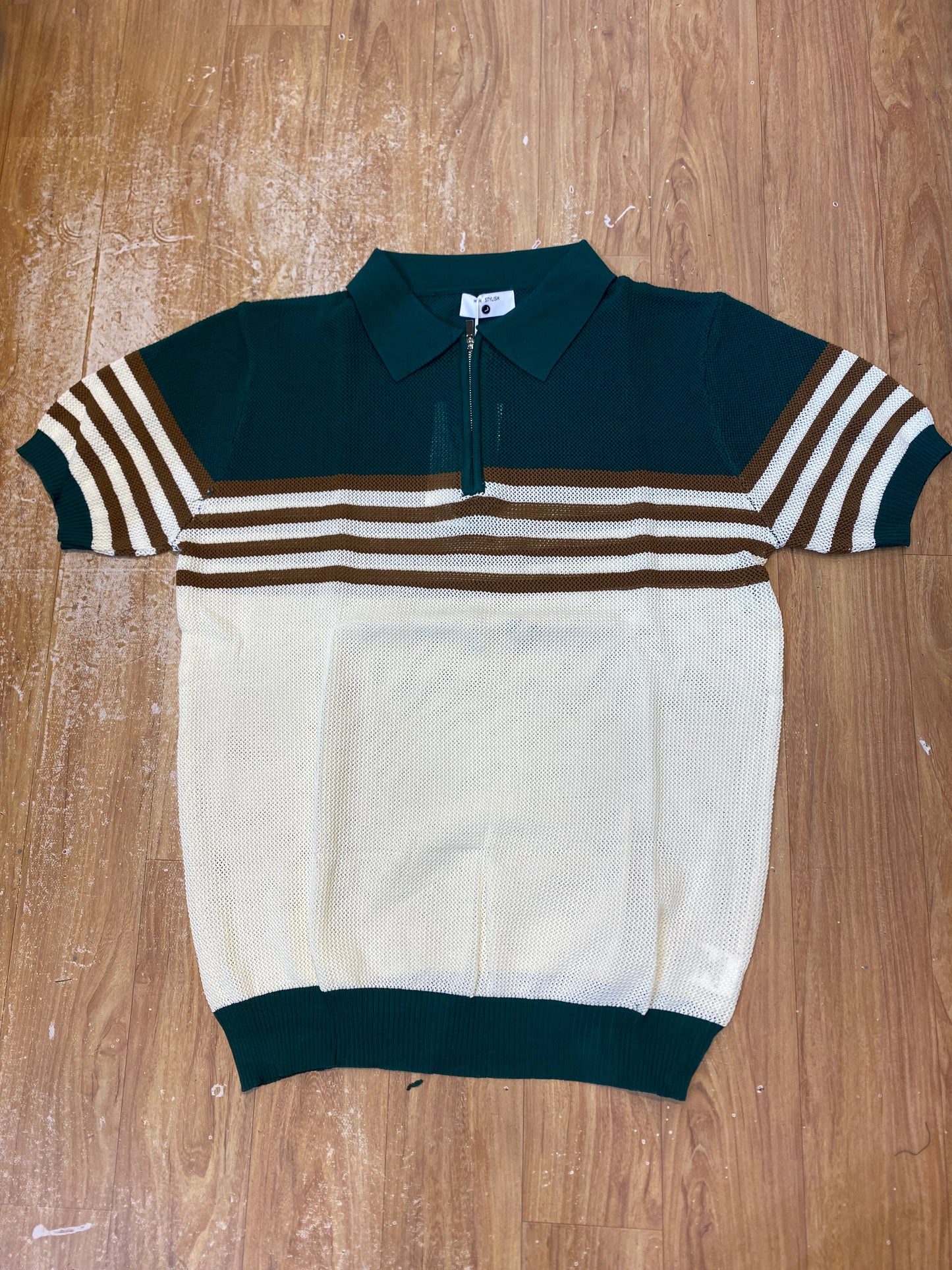 Men Stylish Green White Colour Brown Lining Half Zip Knitted Premium Quality Unisex Collar T-Shirt R86028