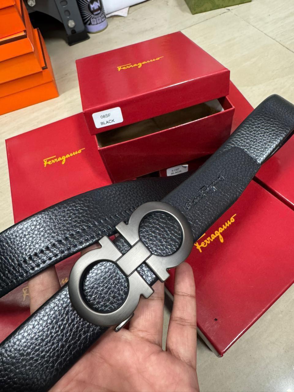 REF FER Grey Buckle Black Strap Premium Quality Imported Unisex Autolock Belt 990655