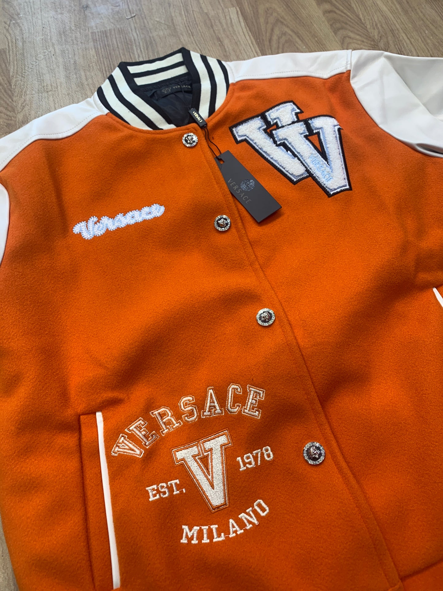 REV Orange Colour With Front Embroidery Premium Quality Varsity Jacket 90950