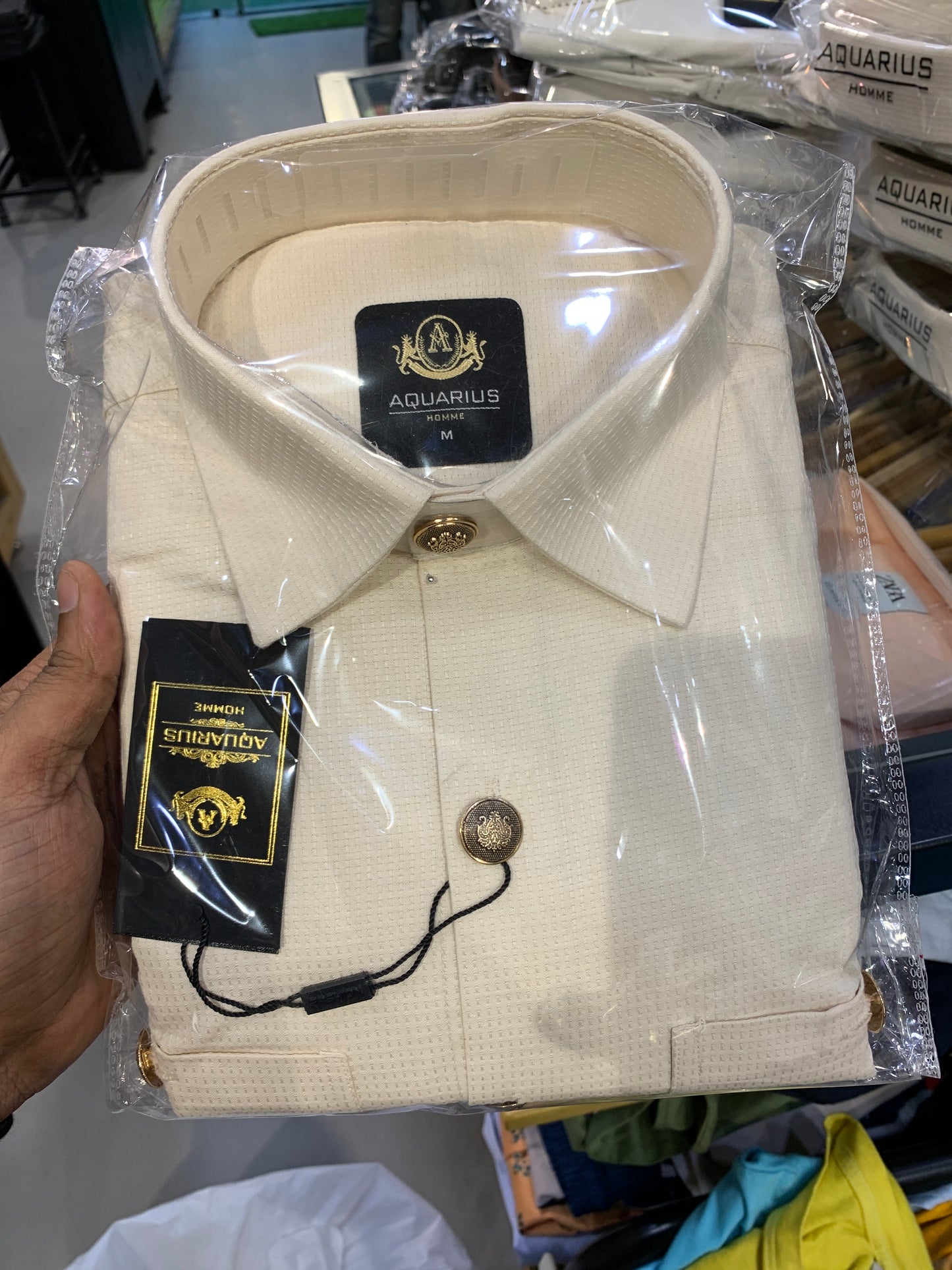 AQUARIUS Cream Colour Double Pocket Golden Button Premium Quality Full Sleeve Men’s Shirt 2613