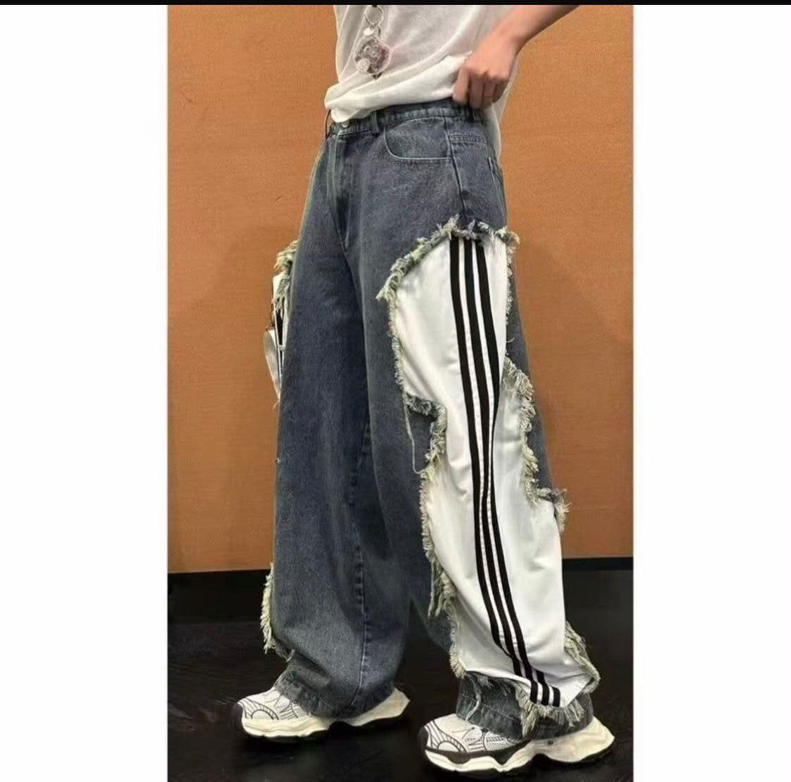 Yilufa White Blue Colour Black Strap Rugged Baggy Fit Unisex Imported Denim jeans 1652