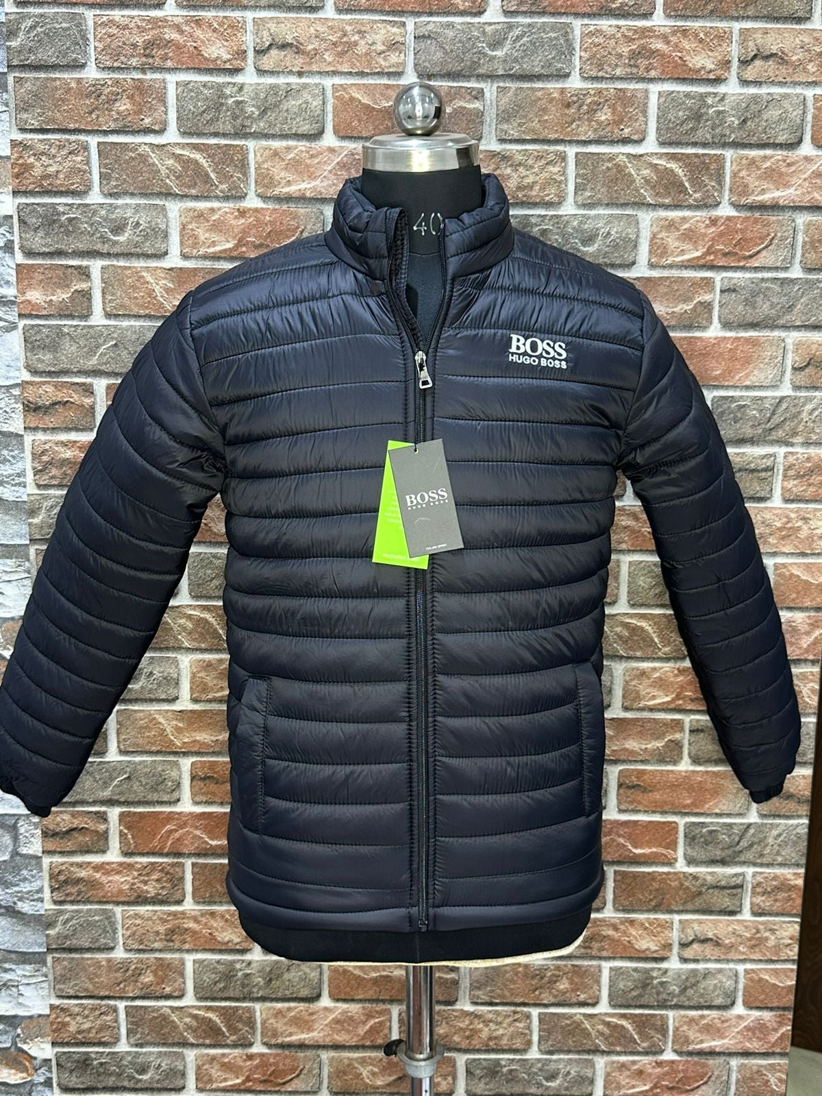 SOB Black Colour Front Logo Embroidery Puffer Zipper Jacket 78901