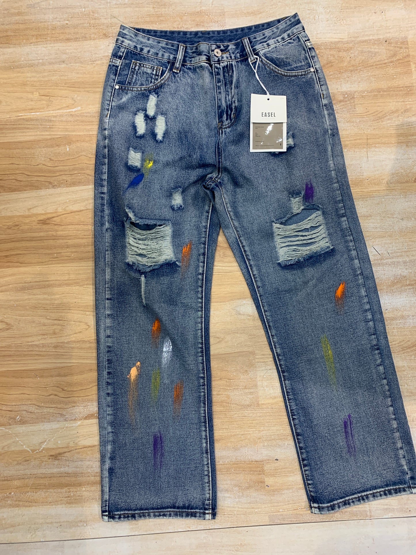 EASEL Dark Blue Rugged Paint Straight Fit Men’s Jeans 989395