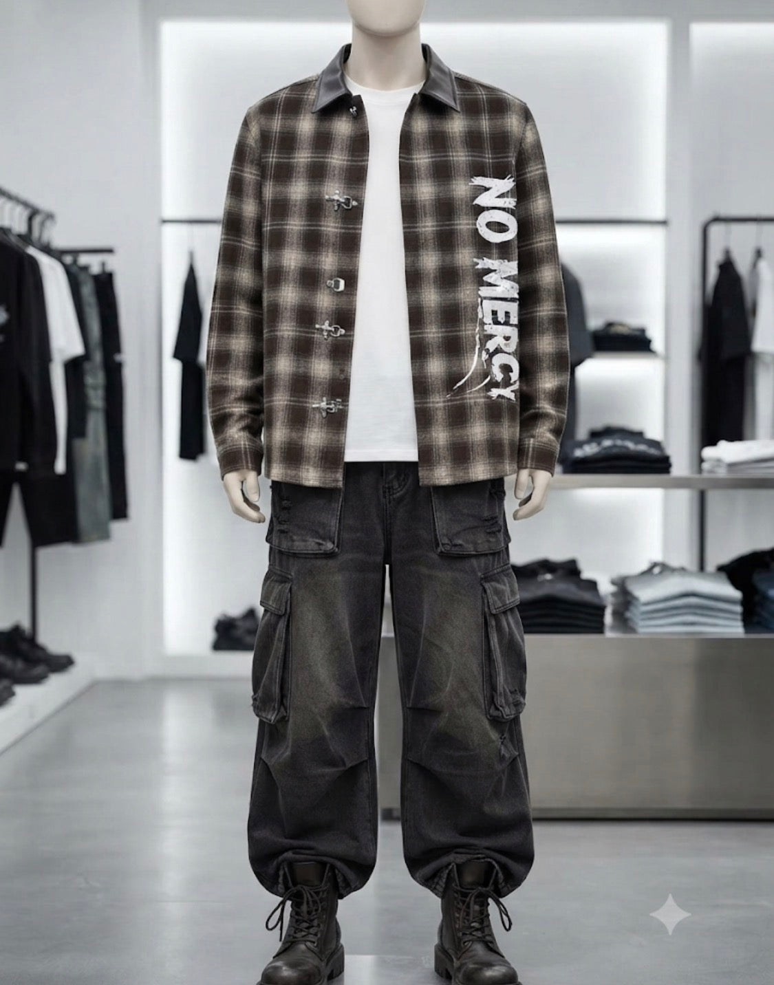 Vogue Desing Brown Cream Check No Mercy Print Leather Collar Premium Quality Unisex Shirt 1114-A