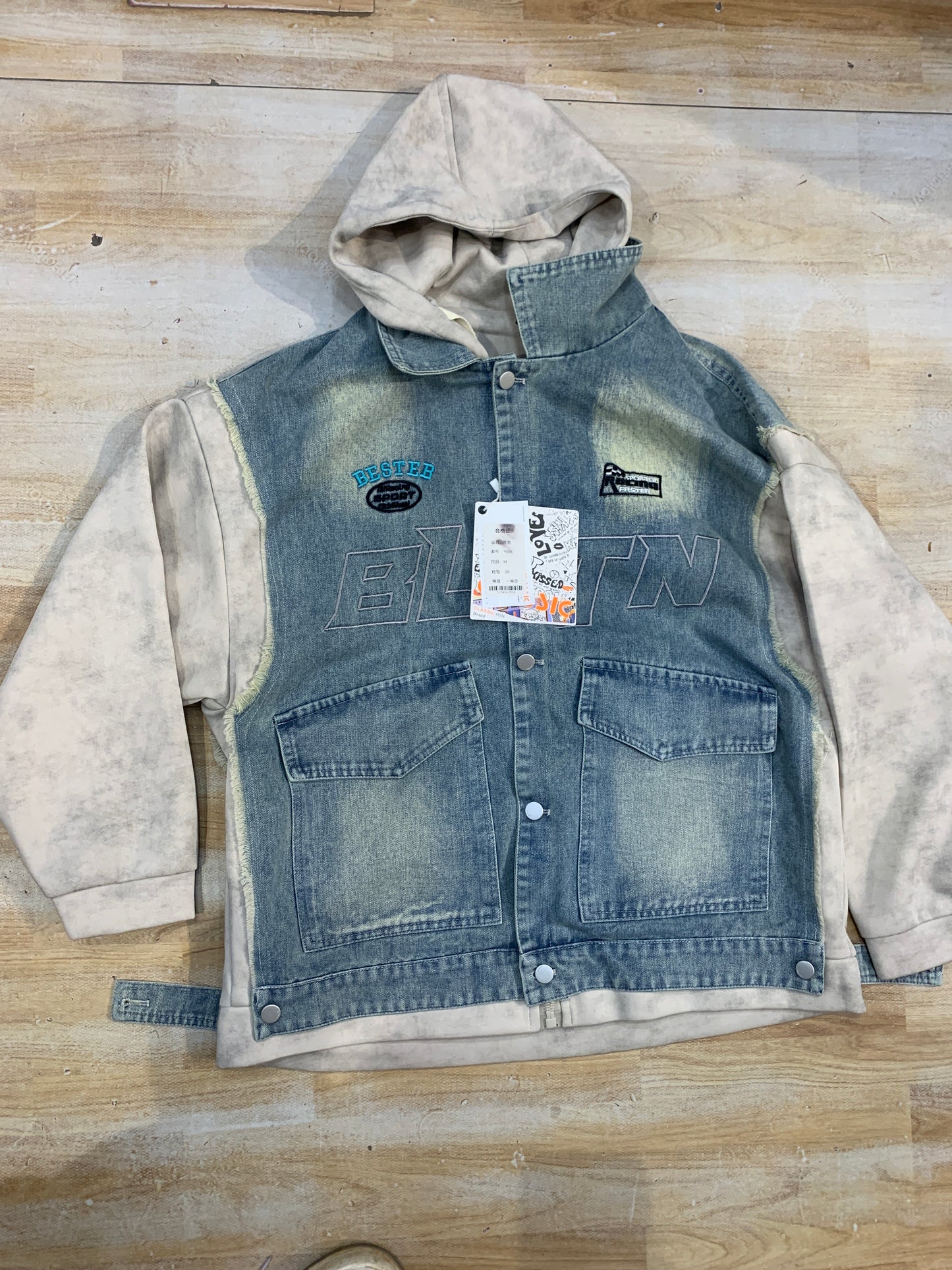 BLTN Faded Blue Denim With Grey Premium Heavy Quality Men’s Hooded Jacket 9506