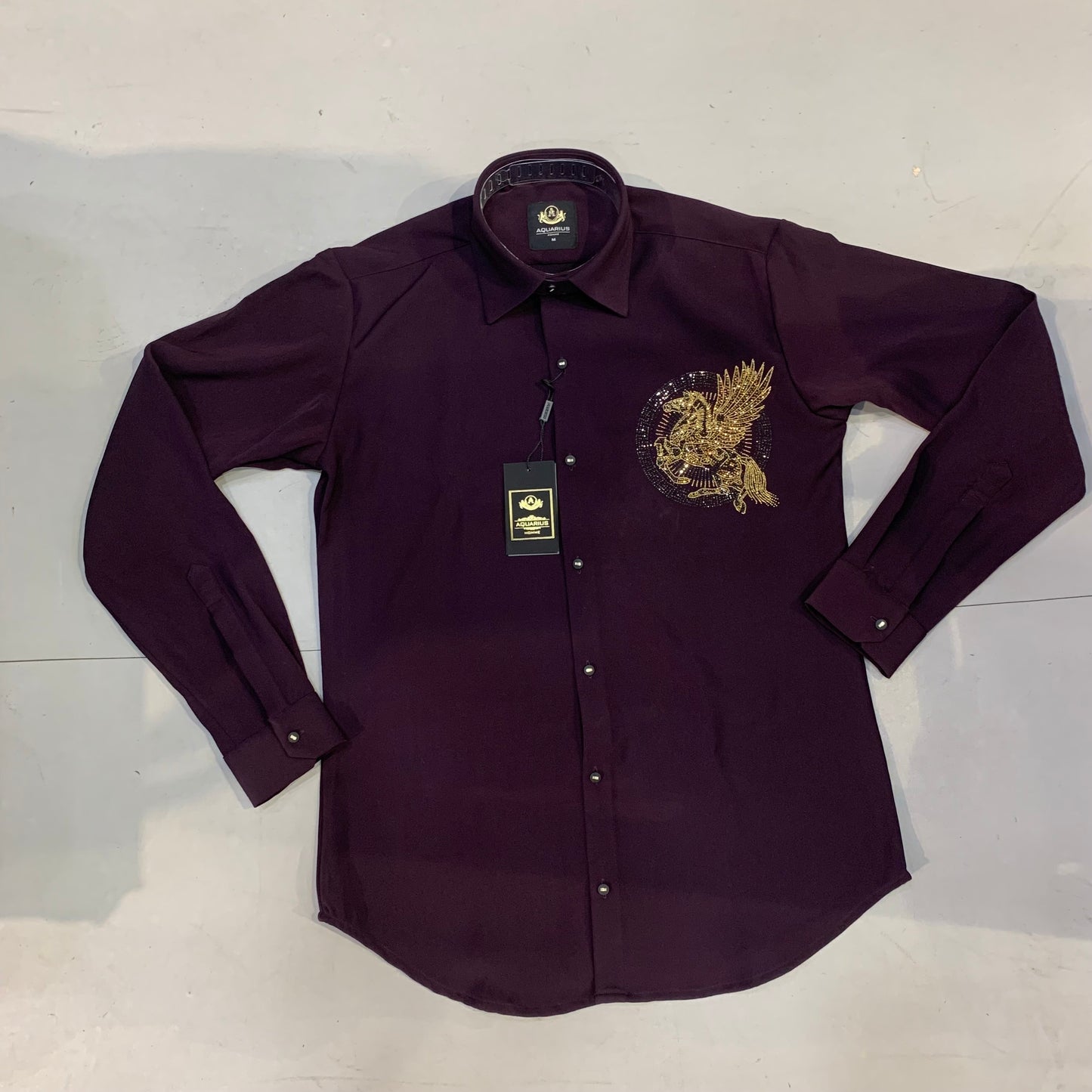 AQUARIUS Purple Colour Unicorn Gold Black Stud Design Premium Quality Full sleeve Shirt 2573