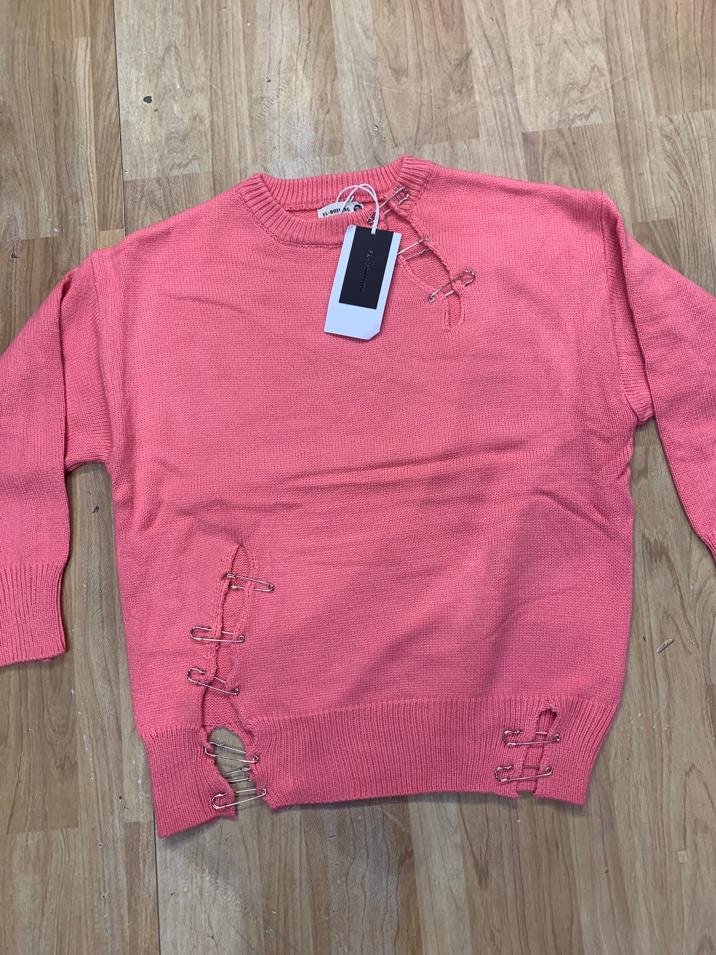 Important Ripped Crew Neck Knit Pink Colour Sweater Loose Fit K9073