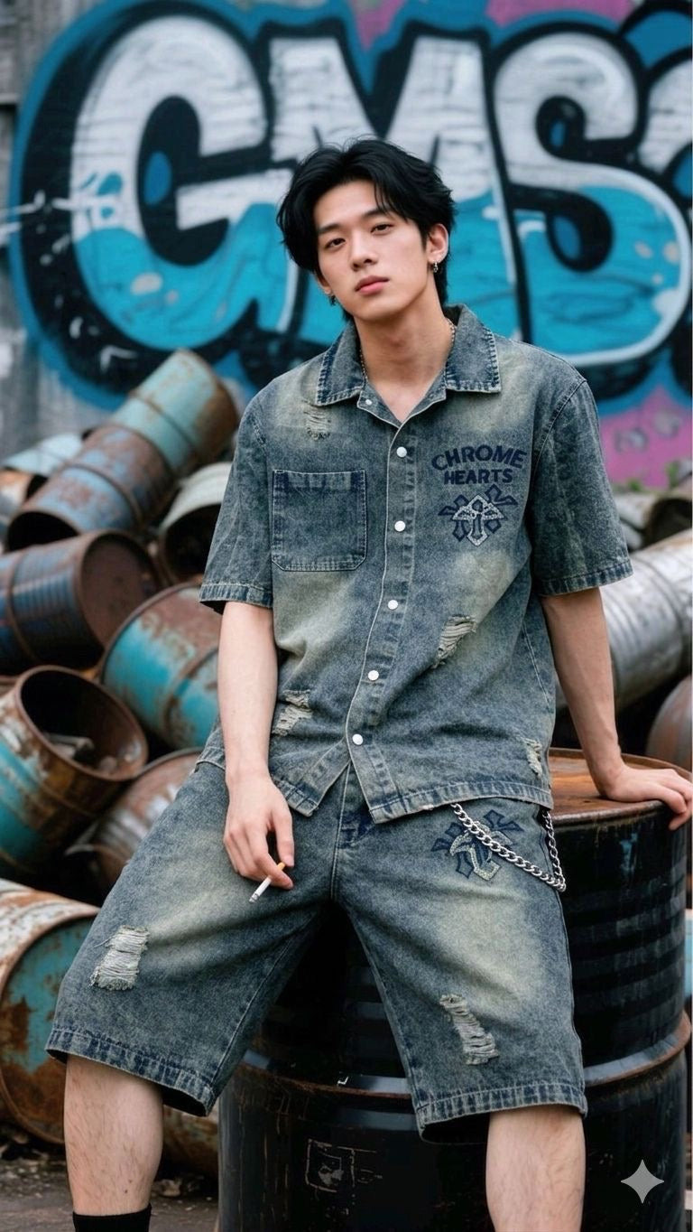 DESIGNER RHC CHR Greenish Blue Denim Rugged Shirt With Shorts Imported Unisex Coord Set 5508