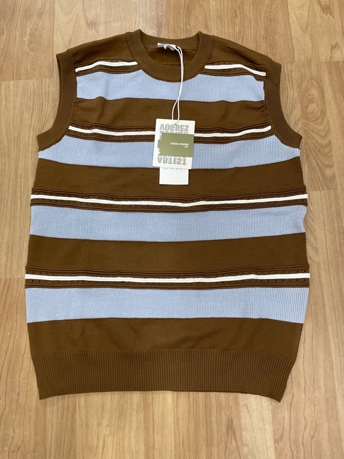 Casual Fashion Brown Colour Sky Blue White Lining Premium Quality Tank Top 26108