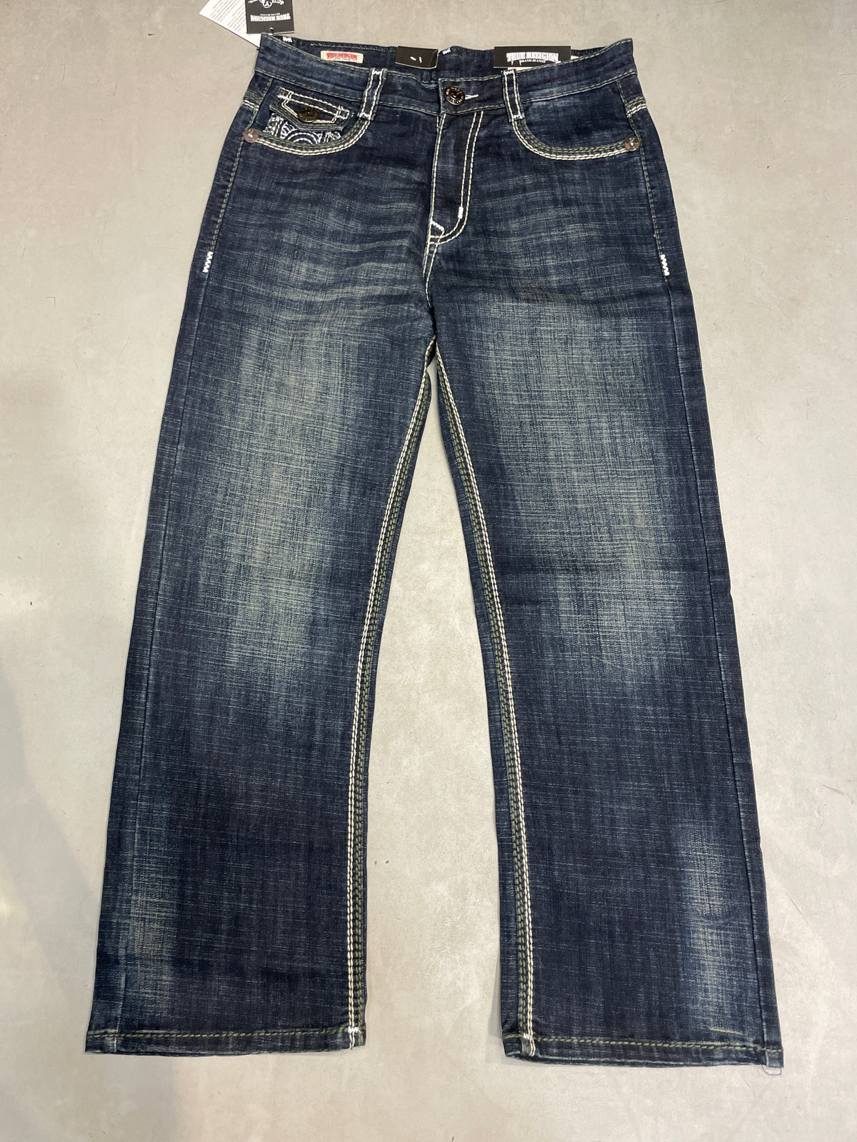 TR TRUE RELIGION Navy Blue Colour Cream Green Thread Work Premium Quality Baggy Fit Imported Jeans TR16-A