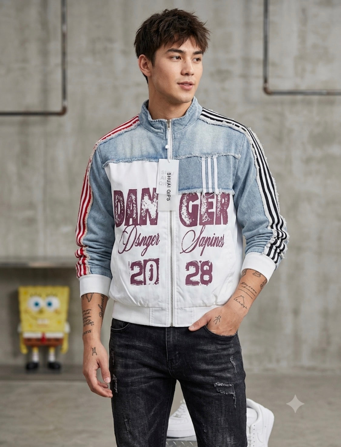 DANGER White Colour With Rugged Blue Denim Design Premium Quality Unisex Jacket 268F-2
