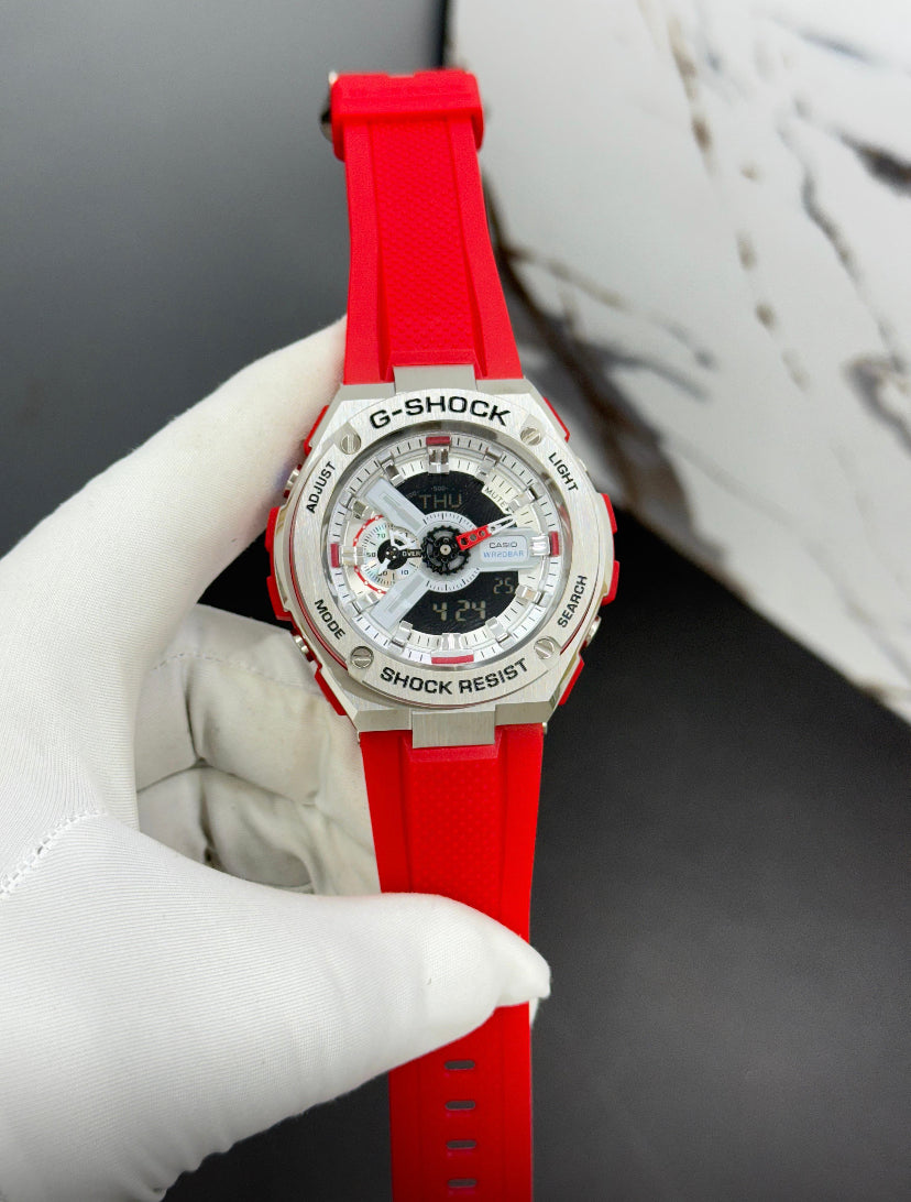 Hsg Red Colour Silicone Strap Silver Metal Dial Water resistant Sports Men Watch 989491