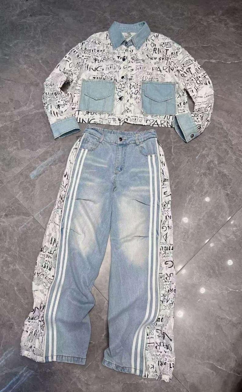 Seven+ Sky Blue White Word Print Side Zeep Open Colour Imported Baggy Fit Jeans 120085