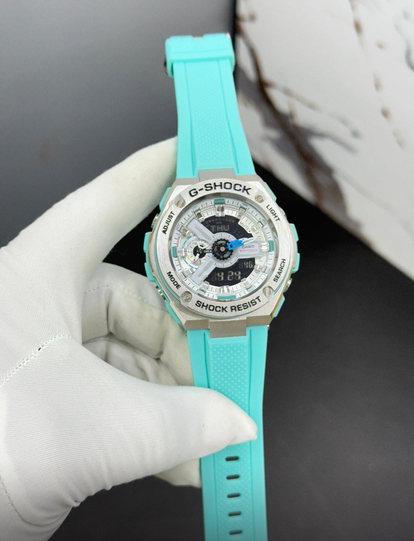 Hsg Teal Blue Silicone Strap Silver Metal Dial Water resistant Sports Men Watch 989492
