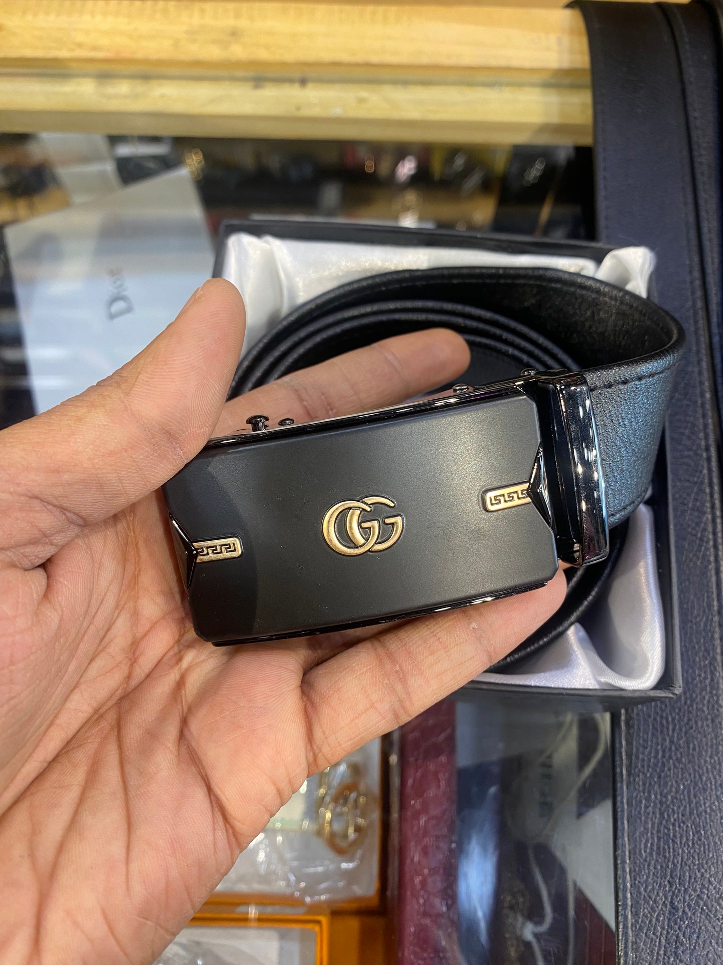 CUG Gold Black Buckle Black Strap Autolock Imported Italian Leather Men’s Belts 988824