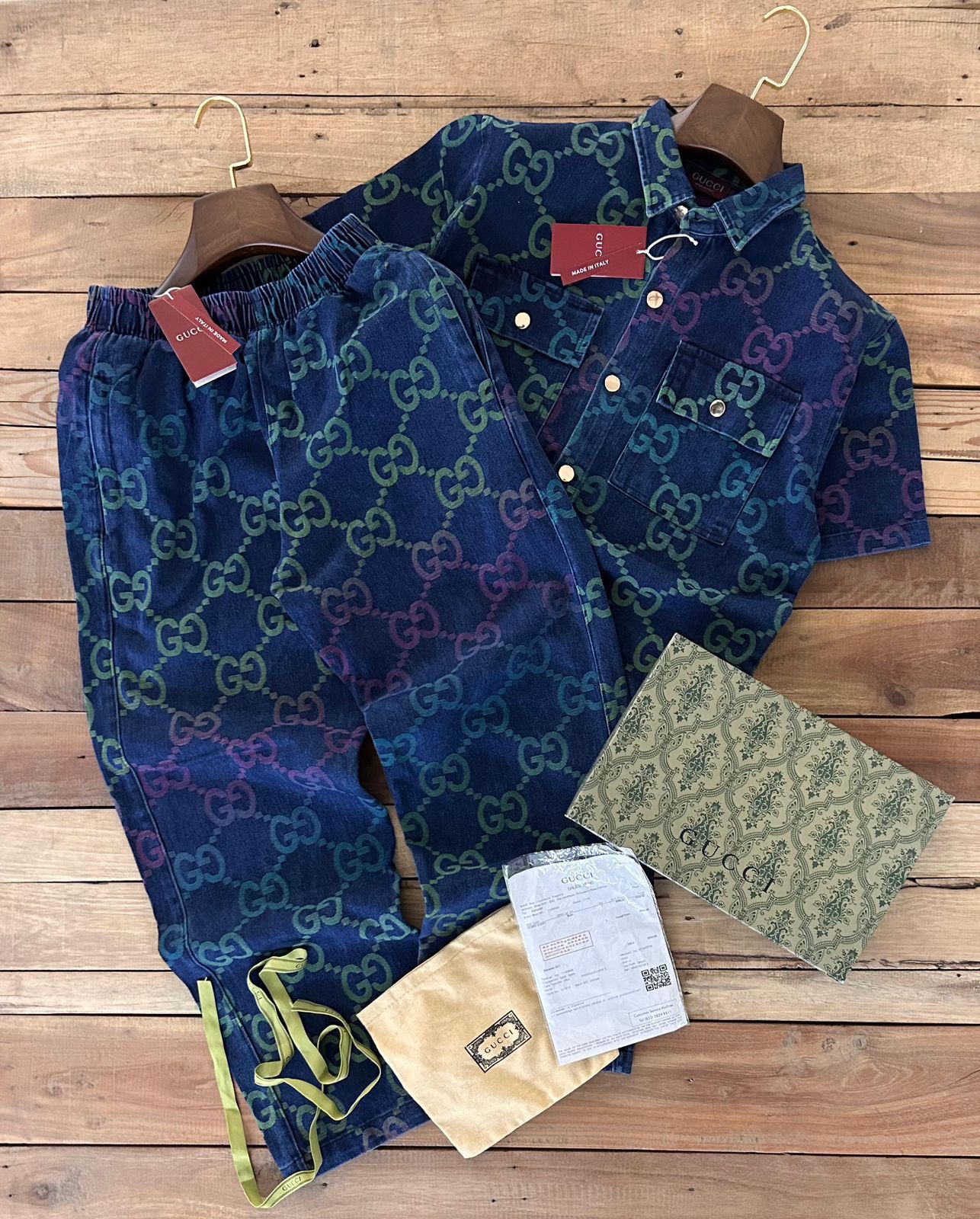 Cug Blue Colour Green Purple GG Print Double Pocket Half Sleeve With Lower Denim Coord Set 989478