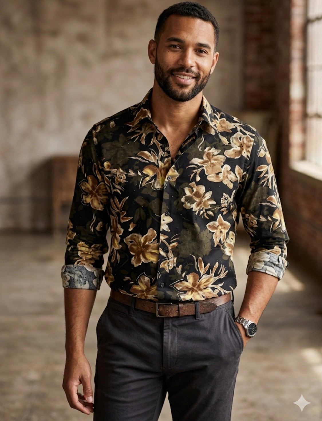 AQUARIUS Black Colour Cream Yellow Brown Green Flower Print Black Stud Premium Quality Full sleeve Shirt 990772