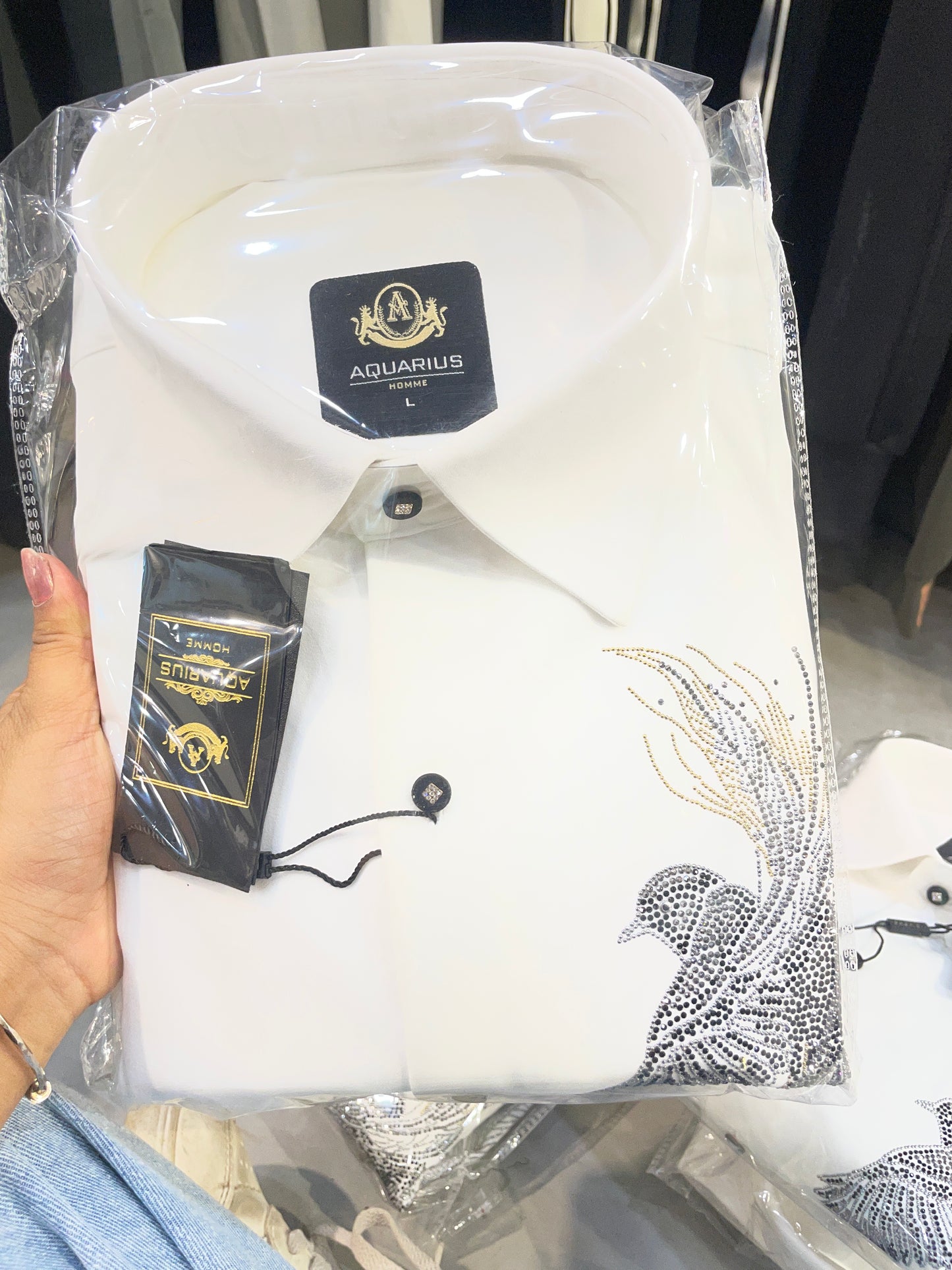 AQUARIUS White Colour Gold Black Silver Stud Bird Design Premium Quality Full sleeve Shirt 2619W