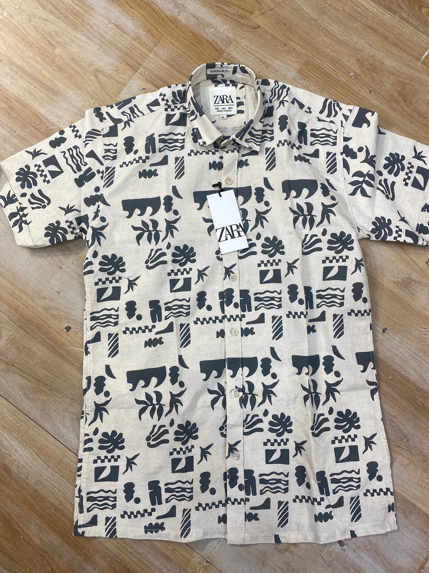 RAZ ZAR Cream Colour Gray Print Half Sleeve Linen Shirt 988988