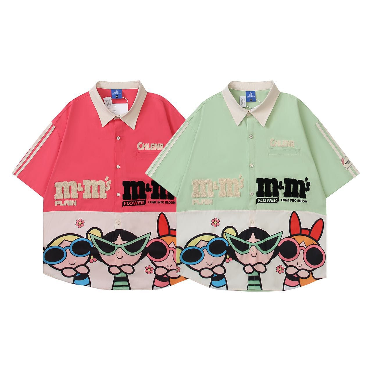 CHLEN RTEEL Pista Green Cream Colour Cartoon Print M&M’s Plain Baggy Size Premium Shirt HY210