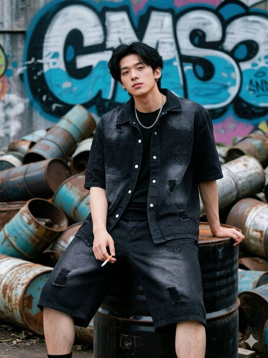 DESIGNER RHC CHR Black Grey Denim Rugged Shirt With Shorts Imported Unisex Coord Set 5508