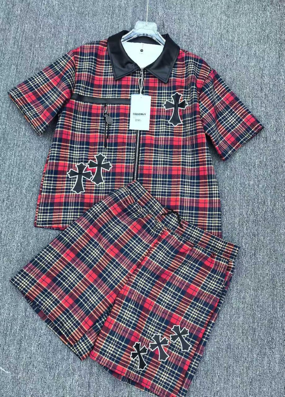 FASHION LINE Black Red Check With Black Leather Collar Premium Quality Imported Unisex Coord Set 990698