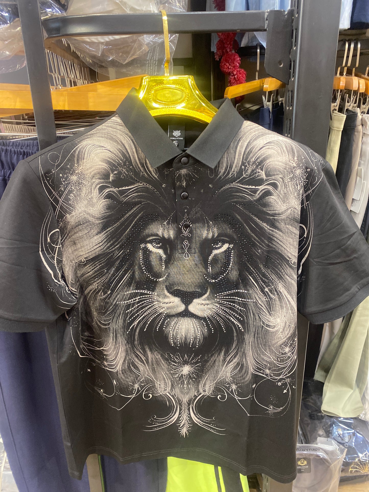 Import Tshirt Black Colour Polo Neck Lion Stone Work P-1942
