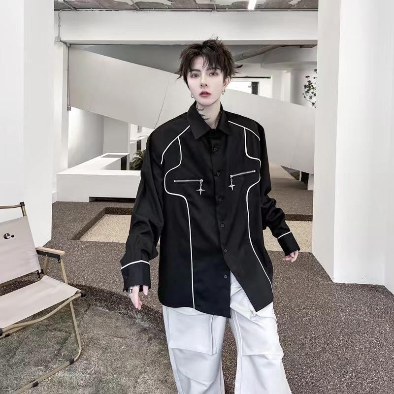 M 87 Studio Black Colour WITH white Line Design Korean Full Sleeve Shirt 7805