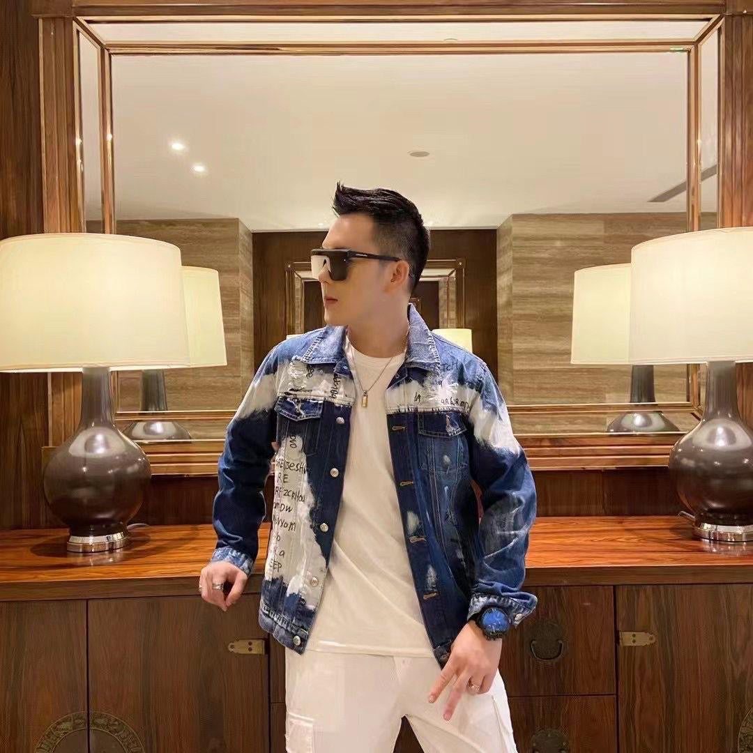 SIDANMAII Blue White Colour Textured Print Premium Quality Denim Jacket 5022