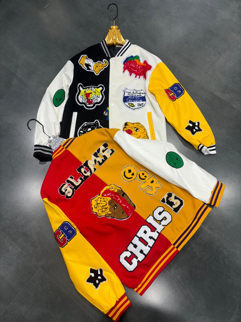 Chris Black White Colour With Front Back Patch Work Premium Quality Varsity Jacket MH71