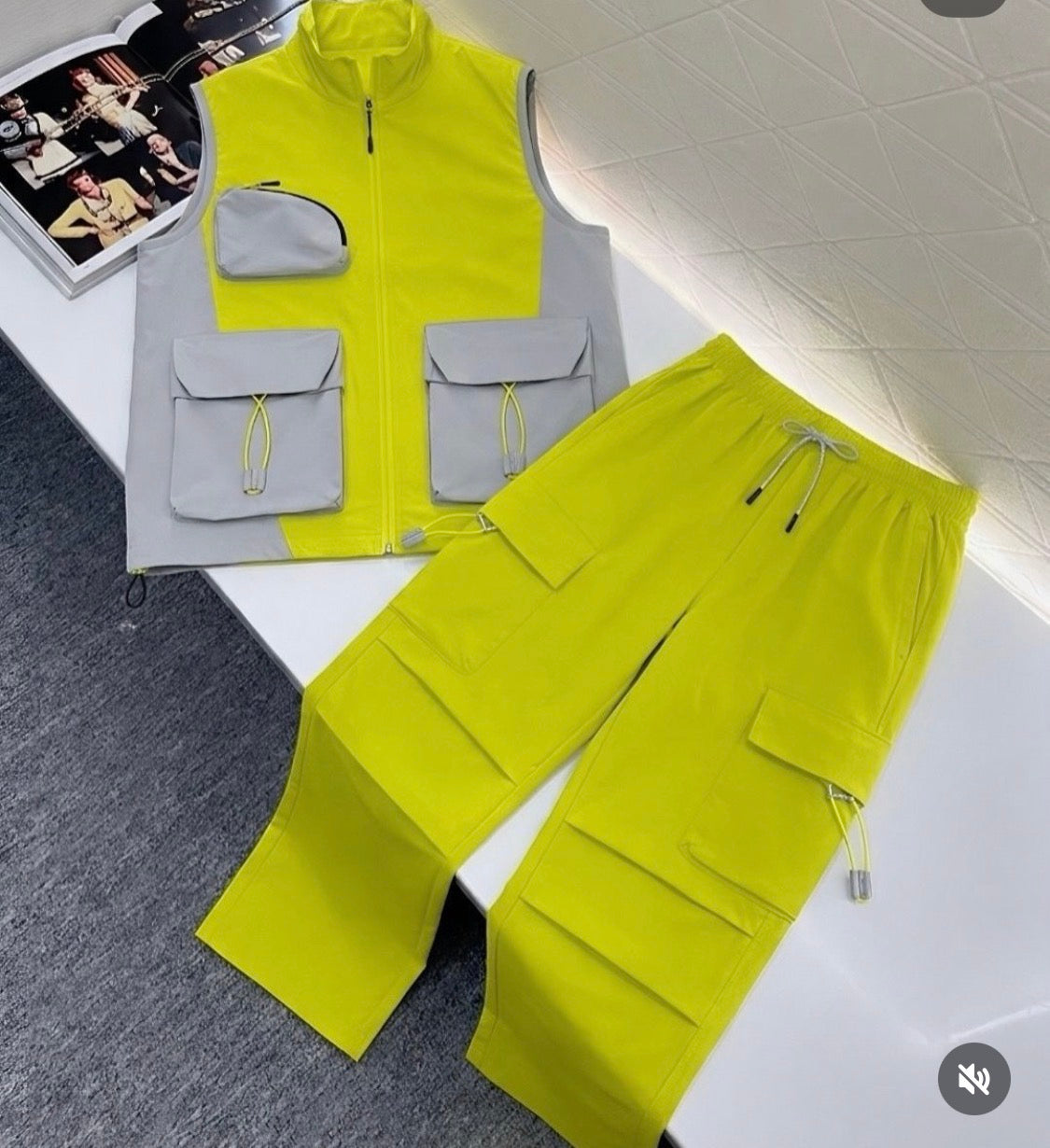 Manmo Grey Green Colour Sleeve Less Jacket with Lower Premium Quality Imported Unisex Coord Set 6018