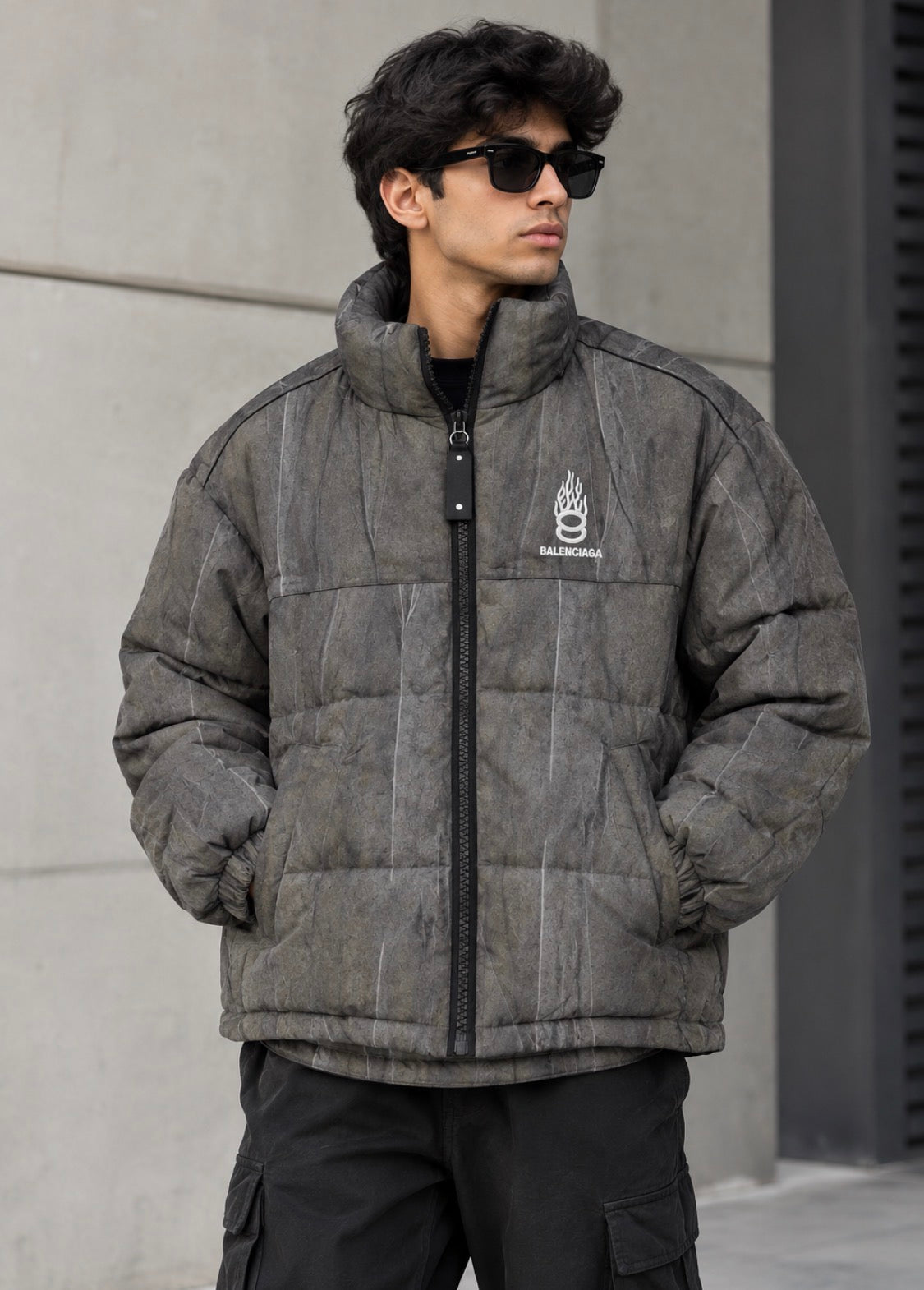 LAB BAL Faded Olive Green Colour Embroidery Puffer Unisex Imported Jacket 8807