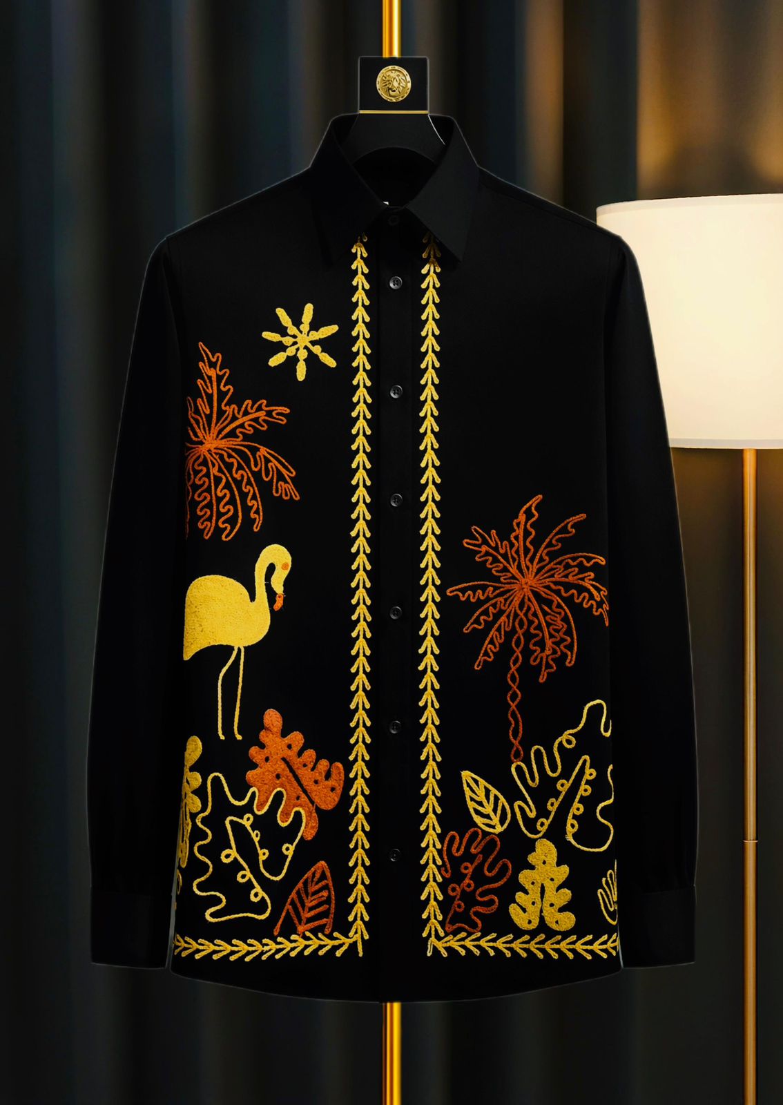 Raz Zar Black Colour Beige Brown Embroidery Work Full Sleeve Japanese Shirt 900217