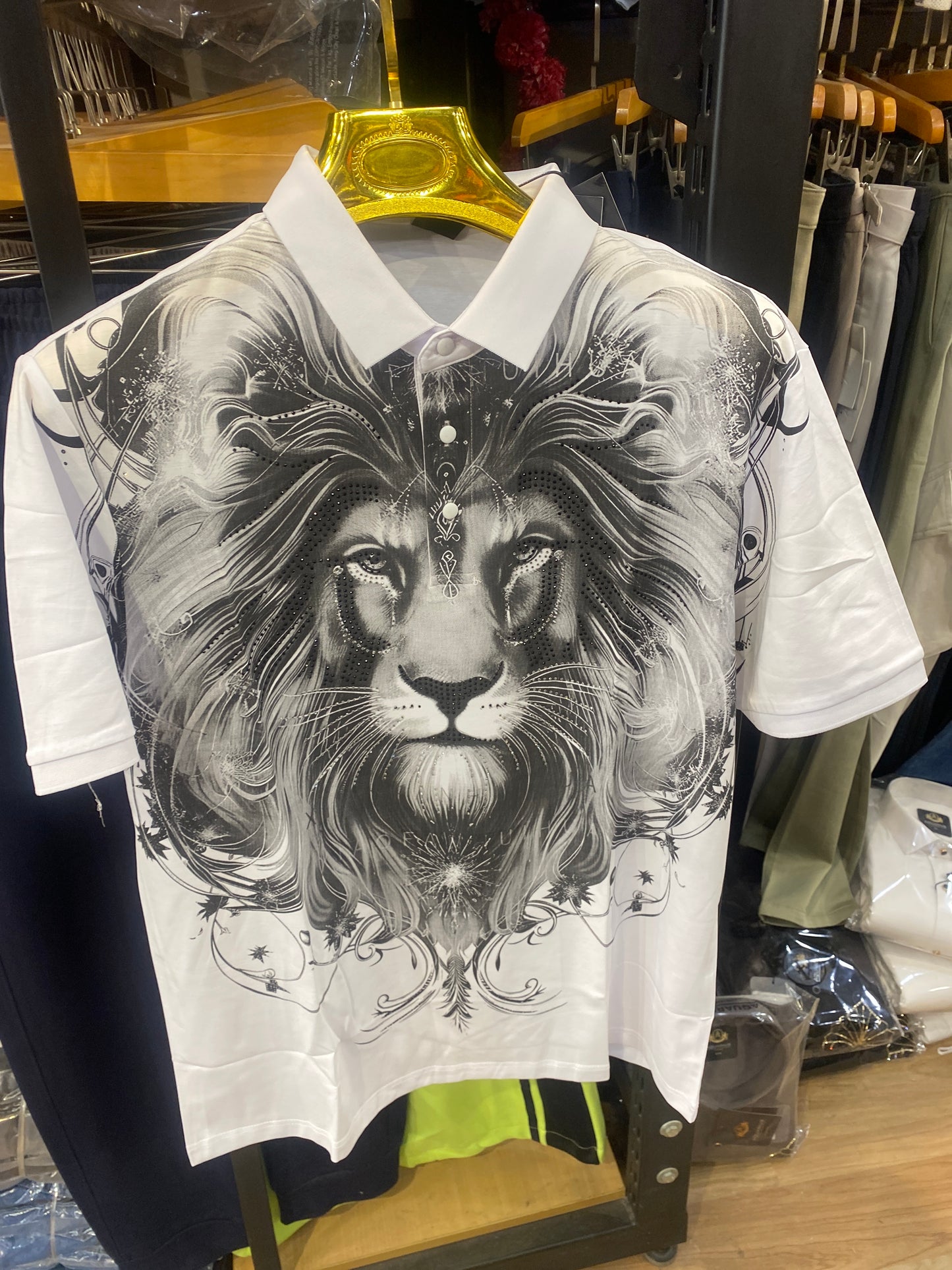 Import Tshirt White Colour Polo Neck Lion Stone Work P-1942